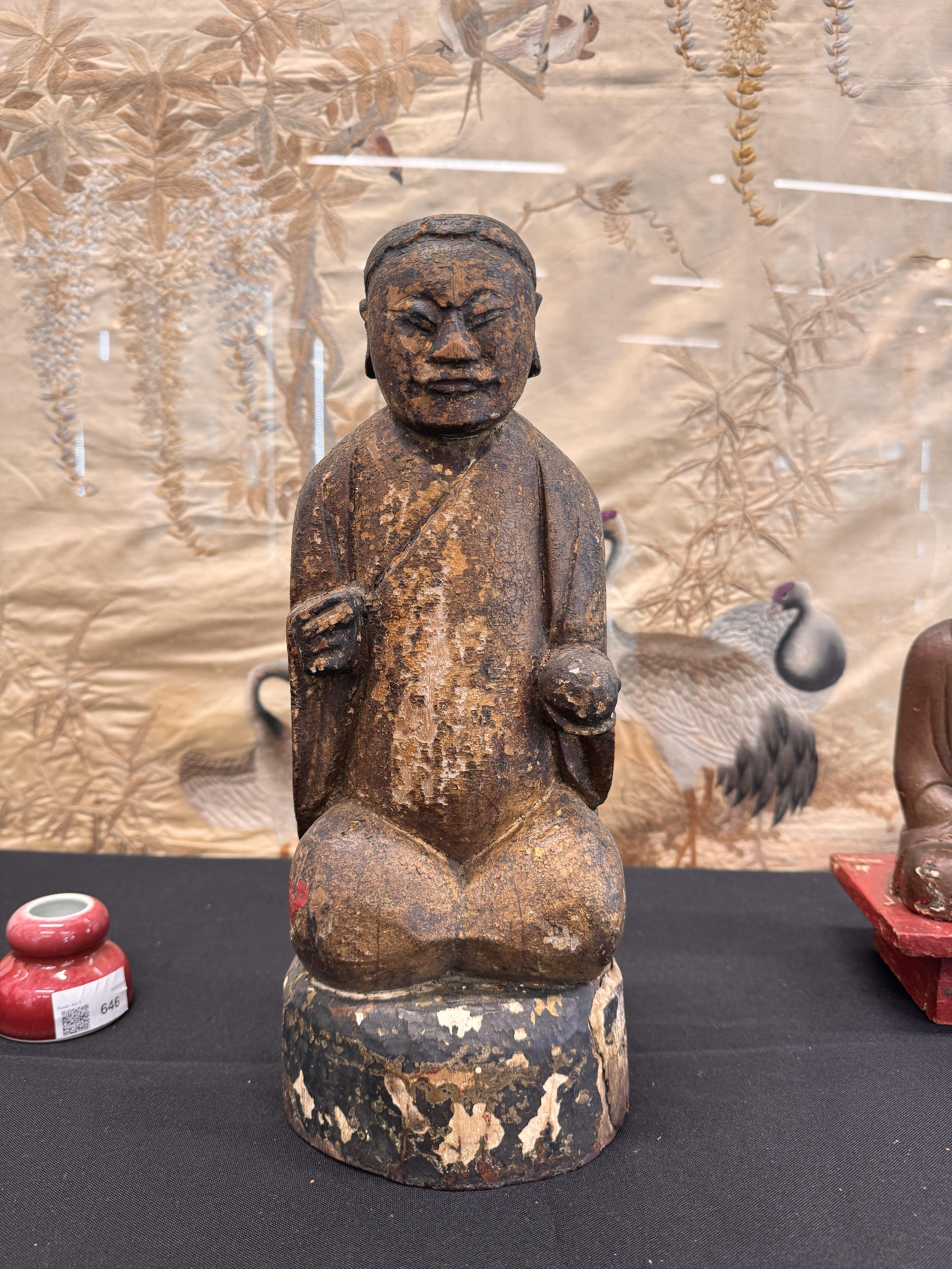 TWO CHINESE LACQUERED WOOD FIGURES 明及後期 漆木人物雕像 - Image 15 of 17