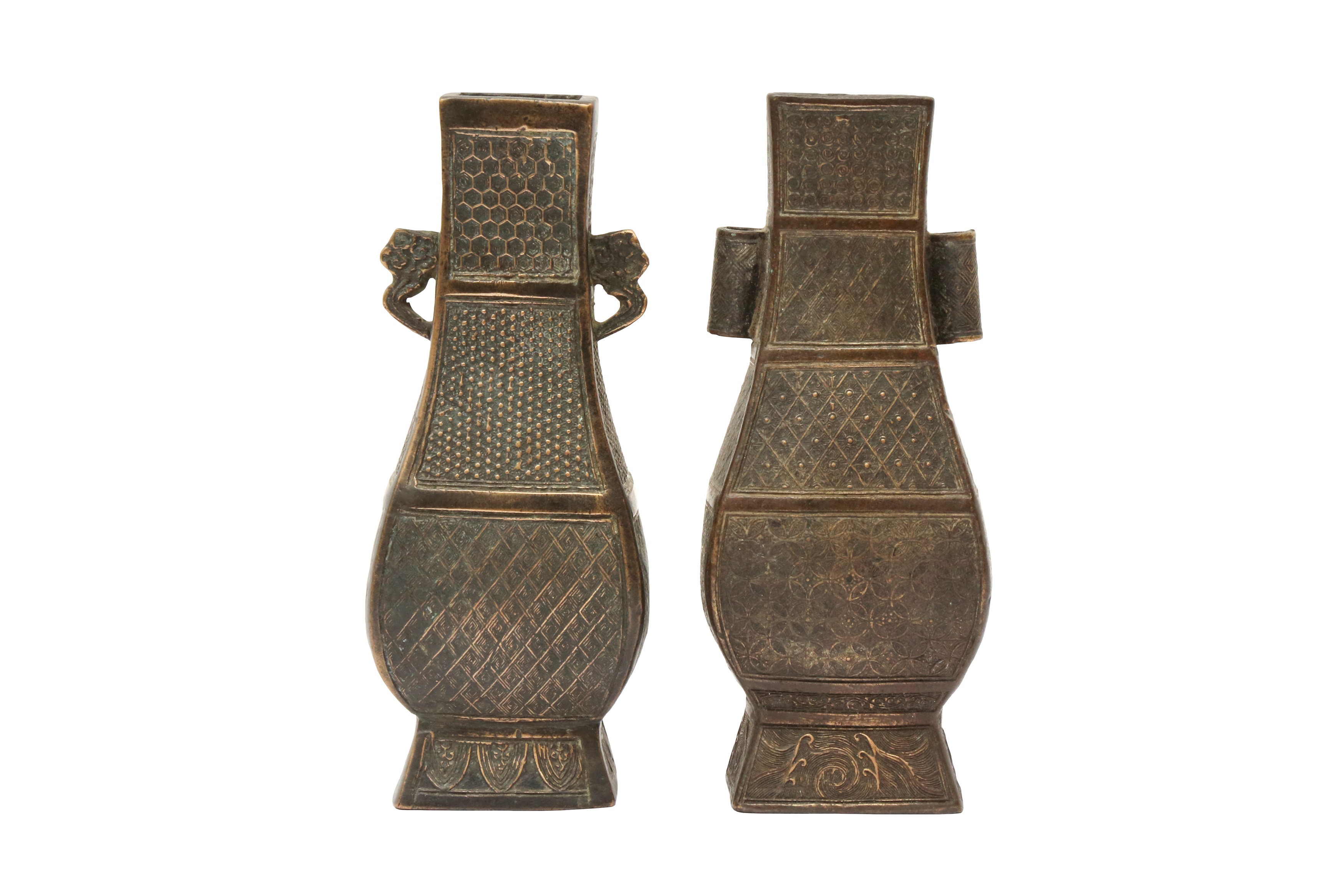 TWO SMALL CHINESE BRONZE ARCHAISTIC VASES 明 銅仿古方壺兩件