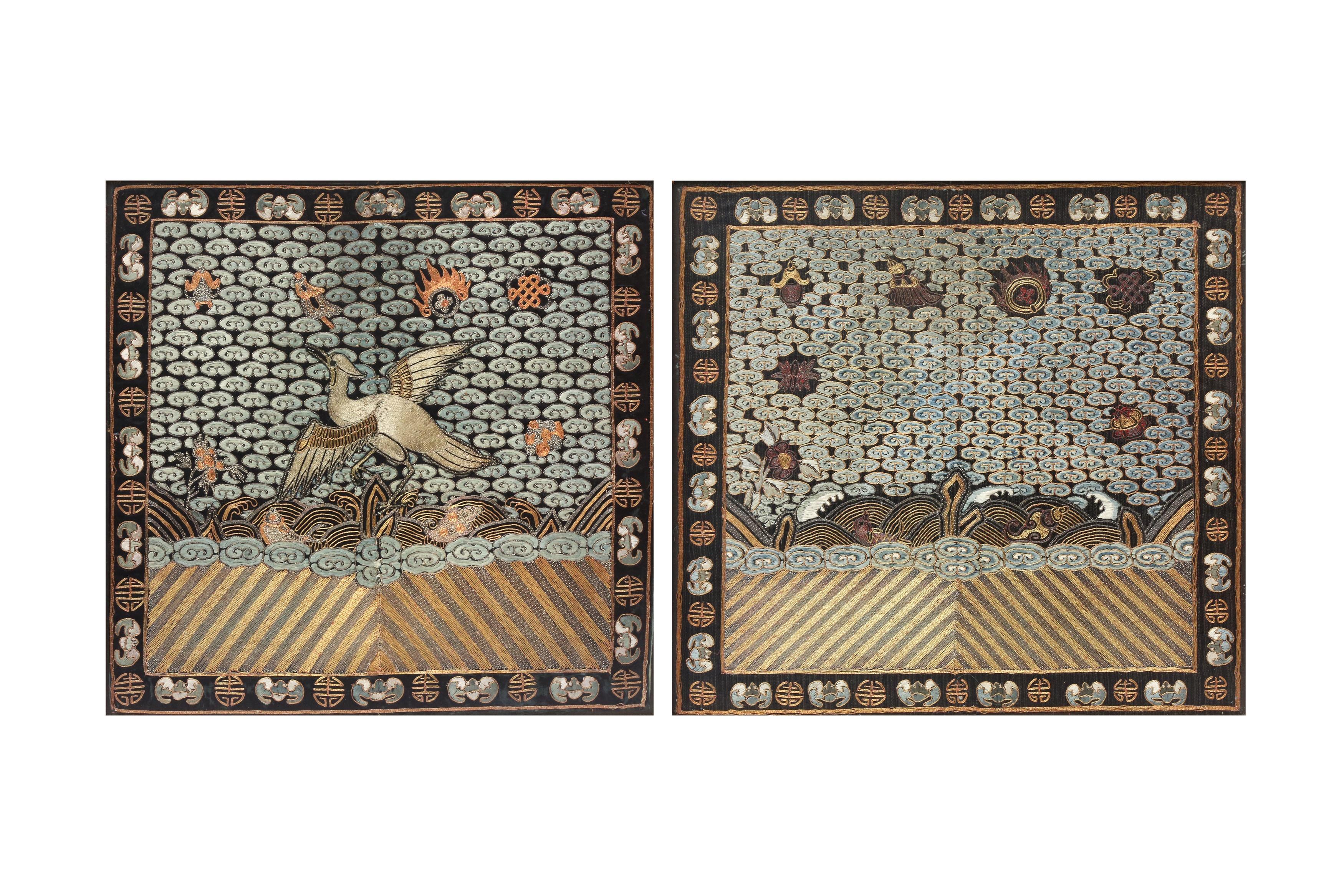 TWO CHINESE SILK EMBROIDERED RANK BADGES, BUZI 清十九世紀 刺繡文官六品鷺鷥紋方補