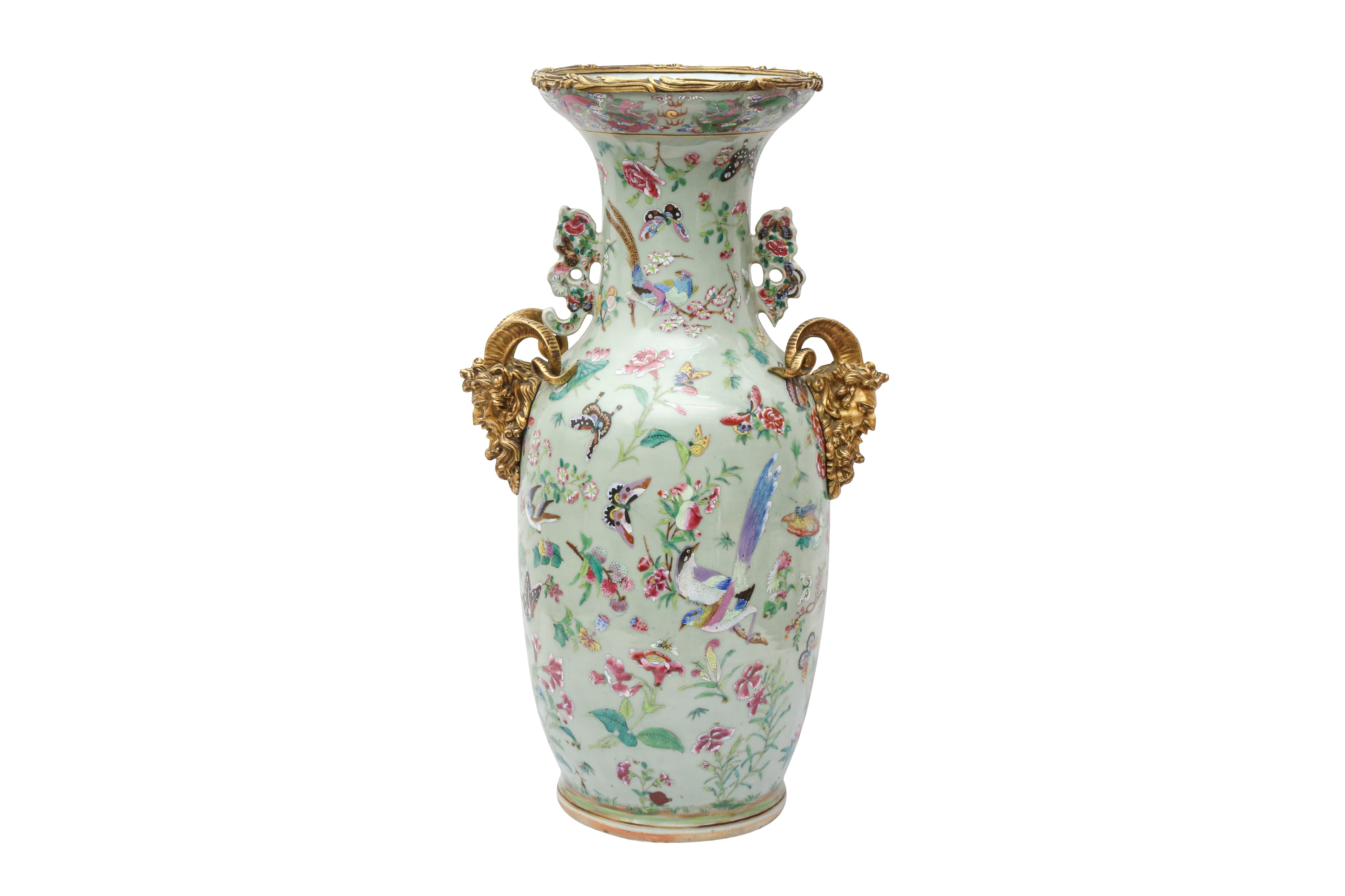 A LARGE AND IMPRESSIVE CHINESE ORMOLU-MOUNTED FAMILLE-ROSE CELADON VASE 清十九世紀 青地粉彩花蝶紋嵌鎏金銅飾瓶