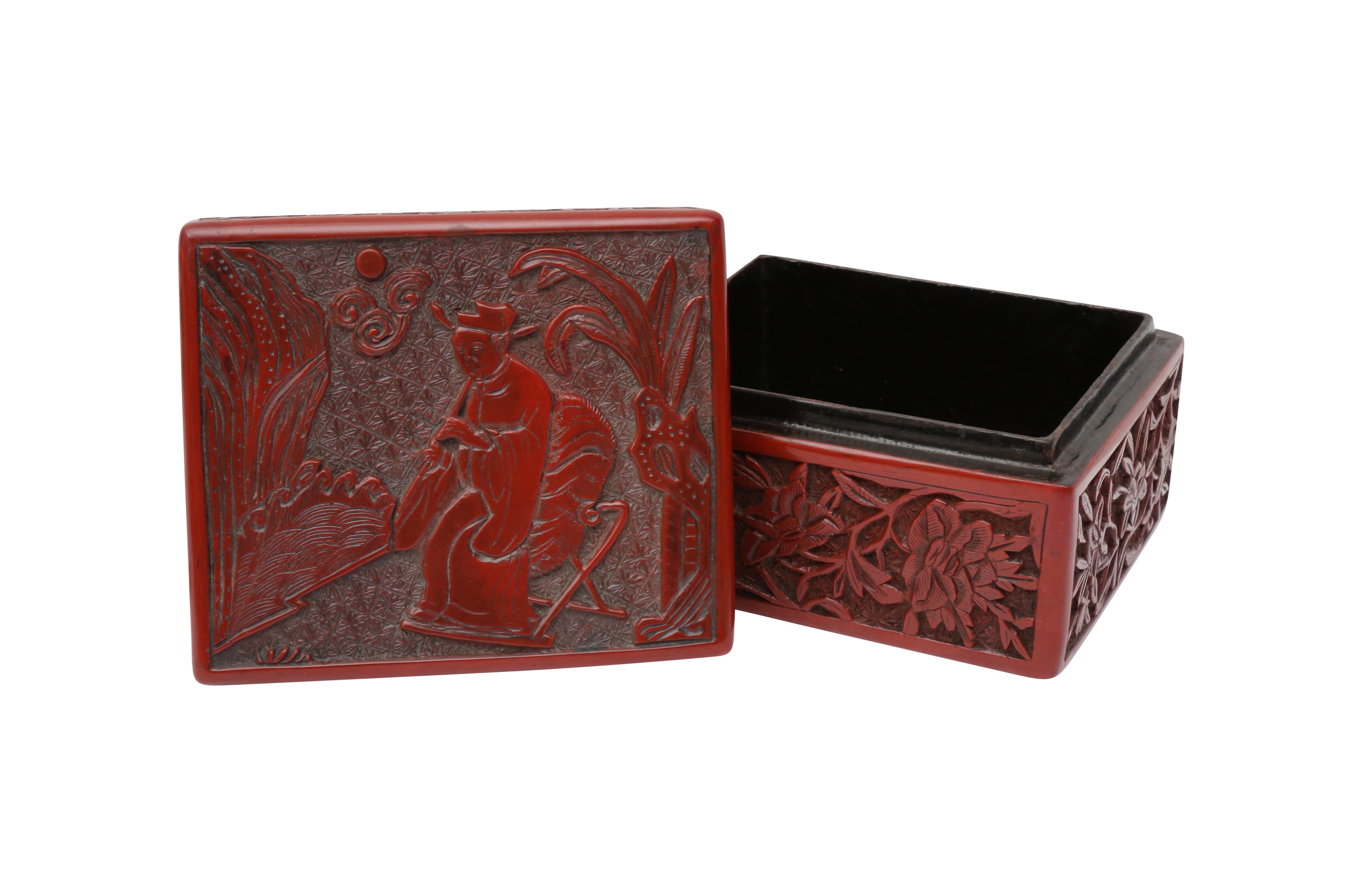 A CHINESE CINNABAR LACQUER 'MUSICIAN' BOX AND COVER 晚明 剔紅圖高士行樂圖紋蓋盒 - Image 2 of 20