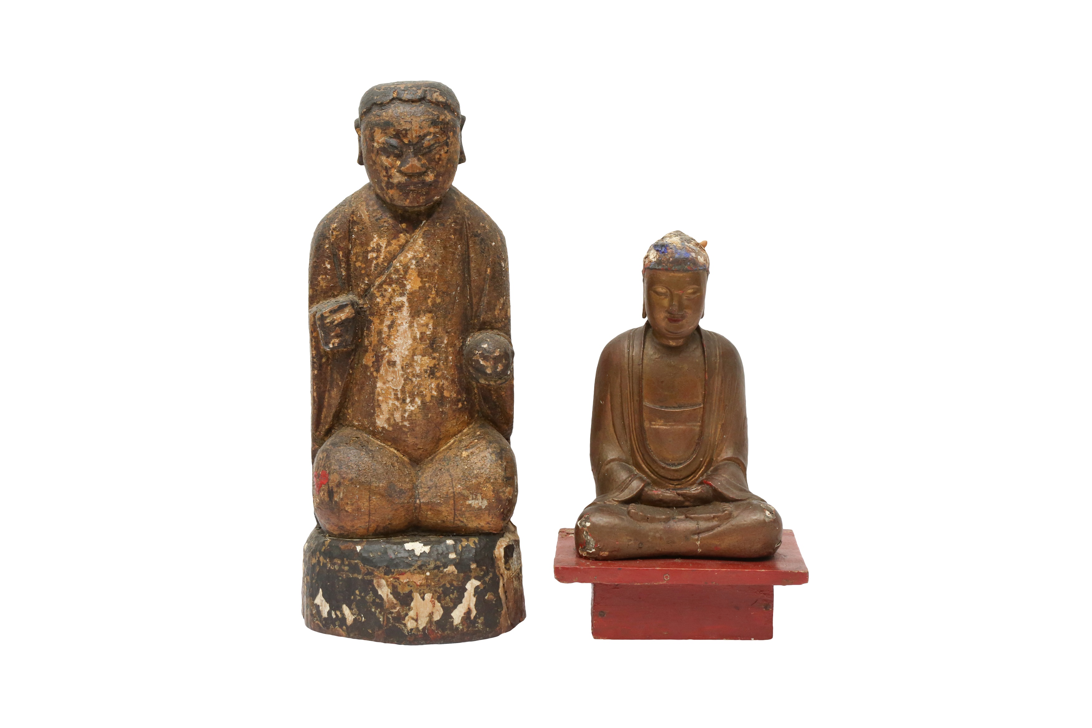 TWO CHINESE LACQUERED WOOD FIGURES 明及後期 漆木人物雕像
