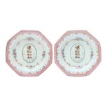 A PAIR OF CHINESE EXPORT FAMILLE ROSE ARMORIAL 'LUDLOW OF SHROPSHIRE' OCTAGONAL PORCELAIN DISHES 清乾隆