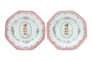 A PAIR OF CHINESE EXPORT FAMILLE ROSE ARMORIAL 'LUDLOW OF SHROPSHIRE' OCTAGONAL PORCELAIN DISHES 清乾隆