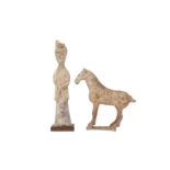 A CHINESE POTTERY FIGURE OF A HORSE AND A FIGURE OF AN ATTENDANT 唐 陶馬及仕女像