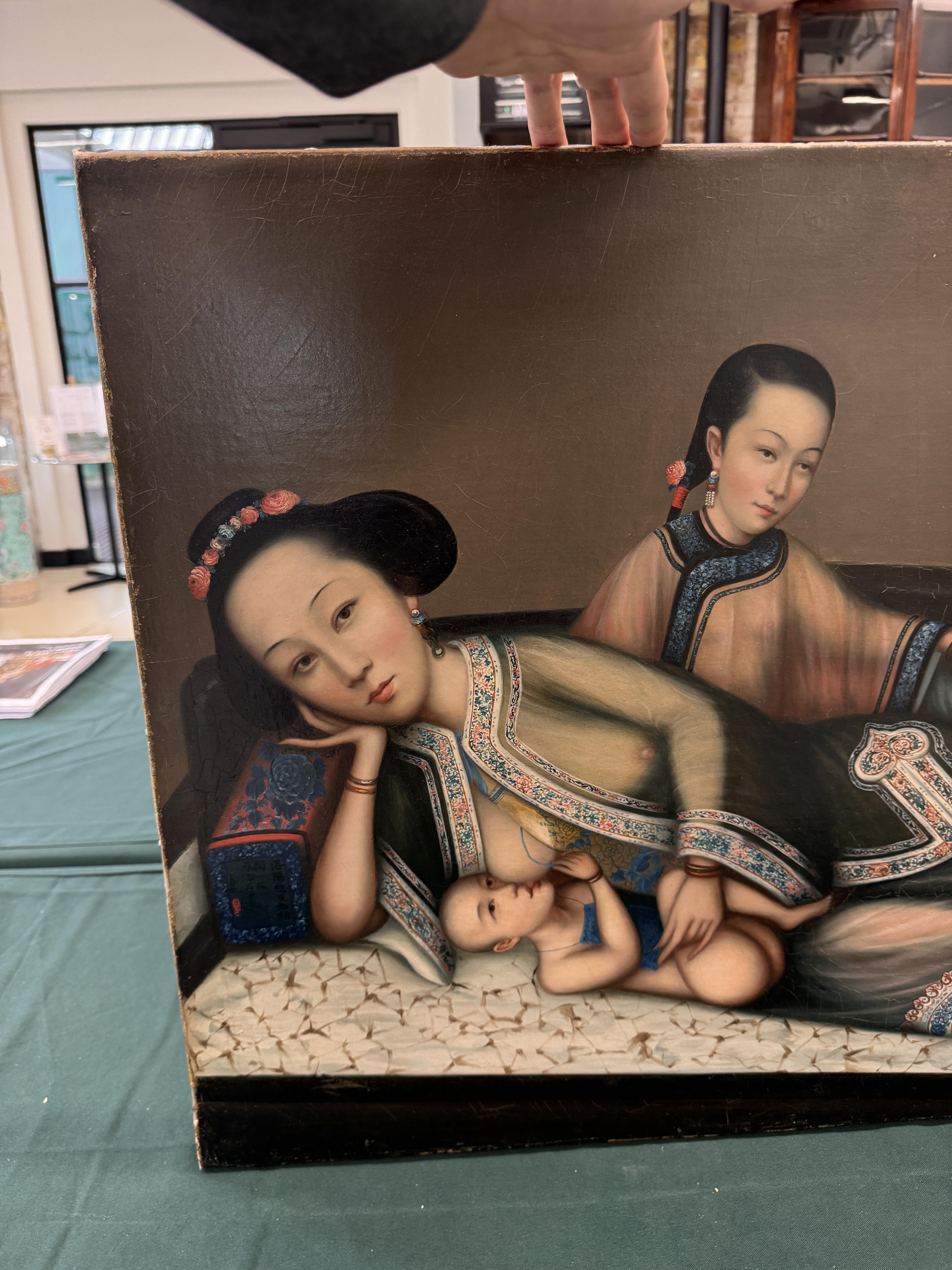 A RARE CHINESE EXPORT 'NURSING MOTHER WITH INFANT AND ATTENDANT' PAINTING, UNKNOWN ARTIST Nursing mo - Image 38 of 42