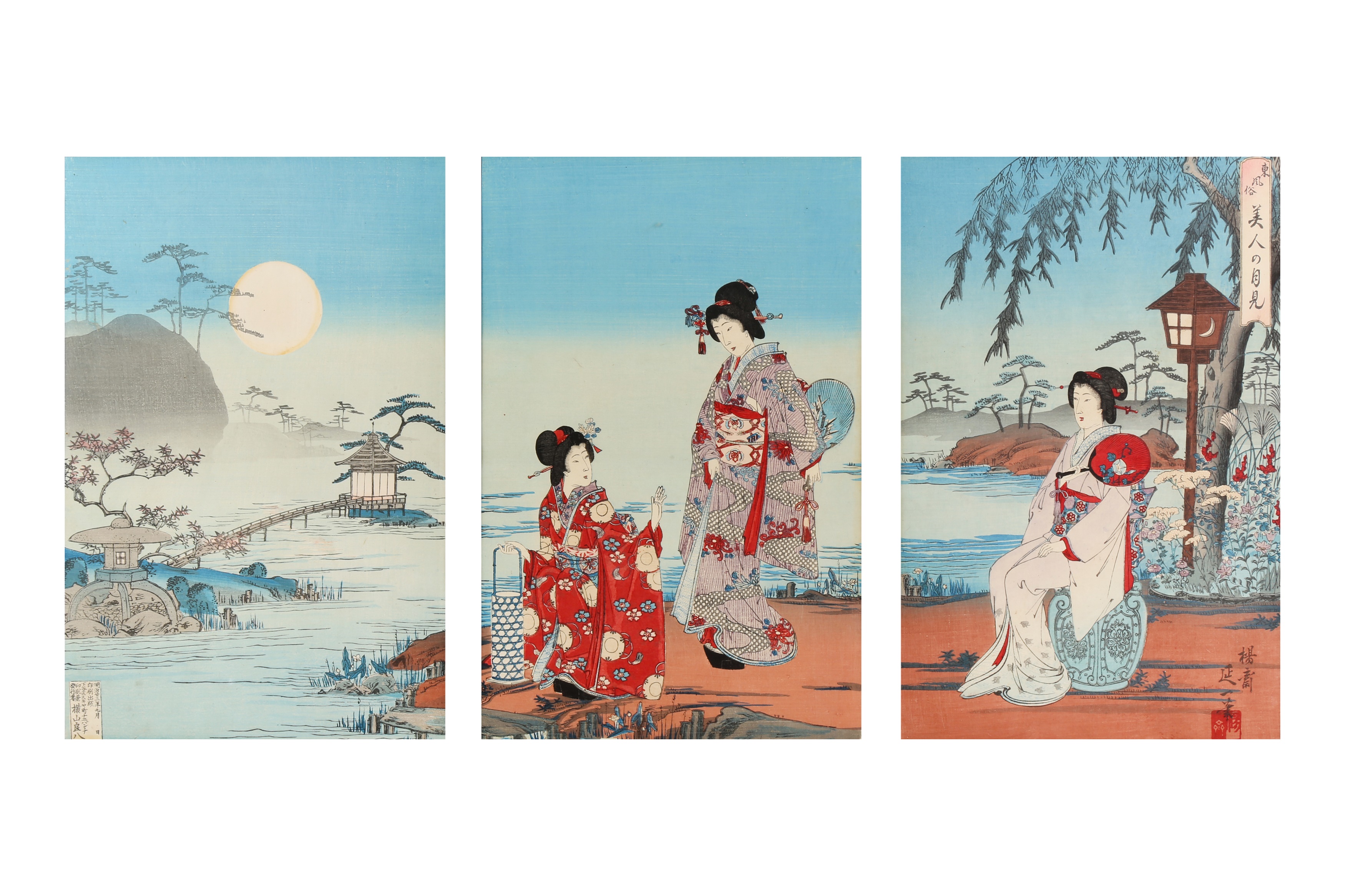 WATANABE NOBUKAZU (1874 – 1944) Two Japaense woodblock print triptychs - Image 2 of 5