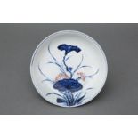 A RARE CHINESE BLUE AND WHITE AND COPPER-RED 'LOTUS AND EGRET' DISH 清康熙 青花釉裡紅一路連科圖盤