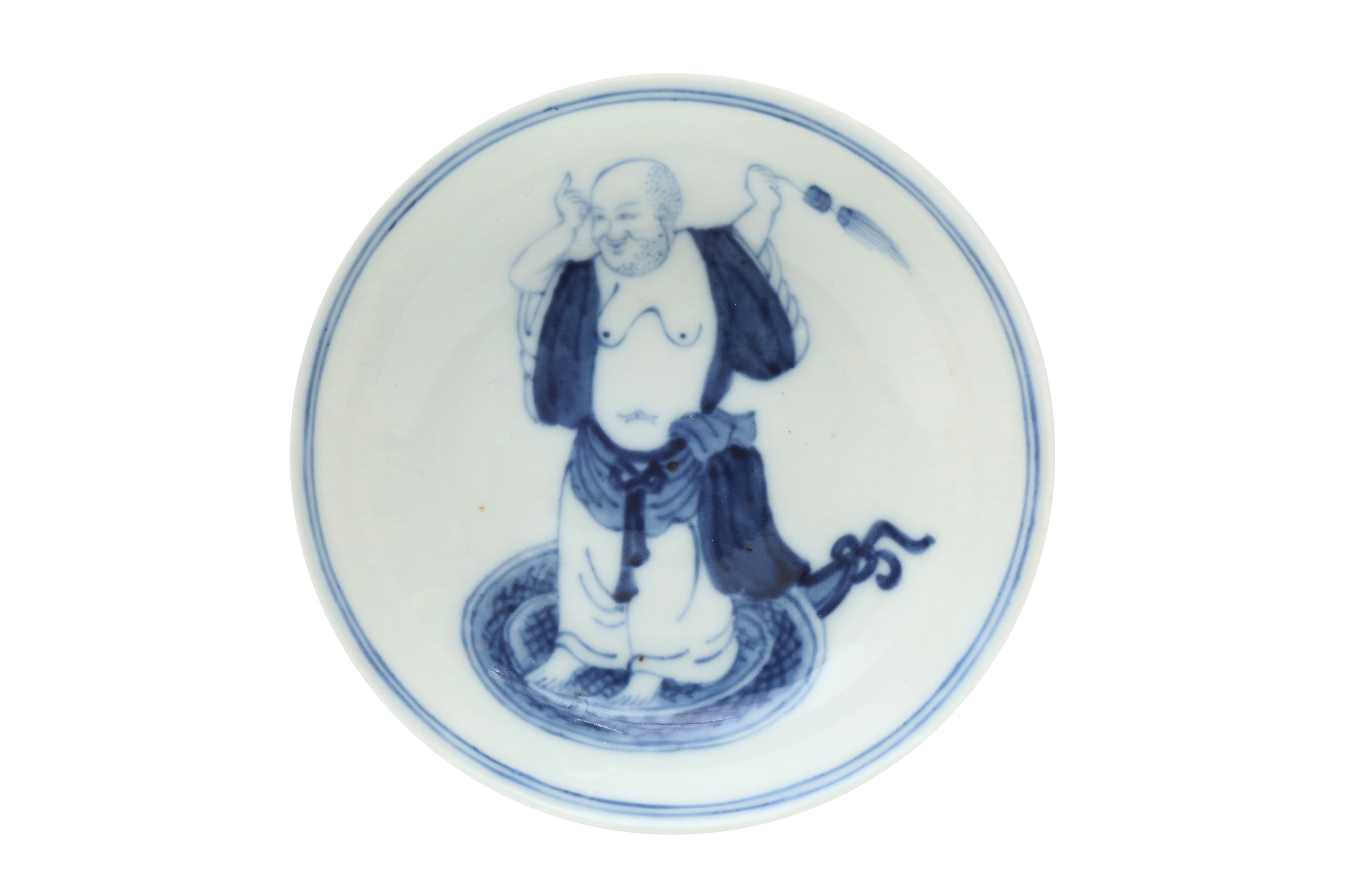 A CHINESE BLUE AND WHITE 'MONK' DISH 清康熙 青花人物圖紋盤