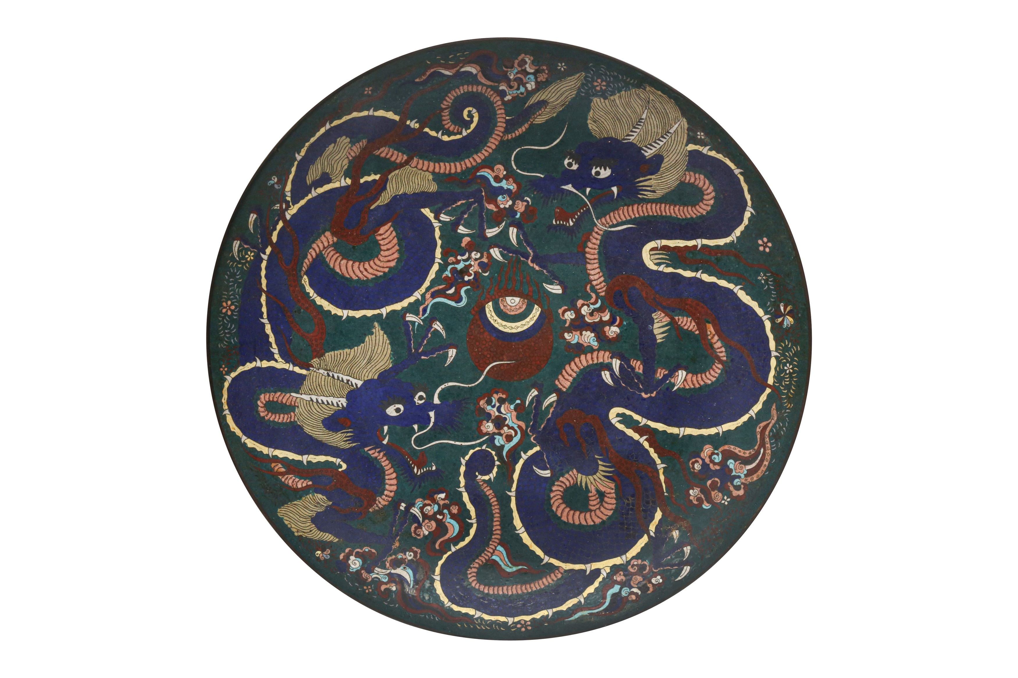 A LARGE JAPANESE CLOISONNE ENAMEL 'DRAGON' CHARGER IN STYLE OF KAJI SATARO