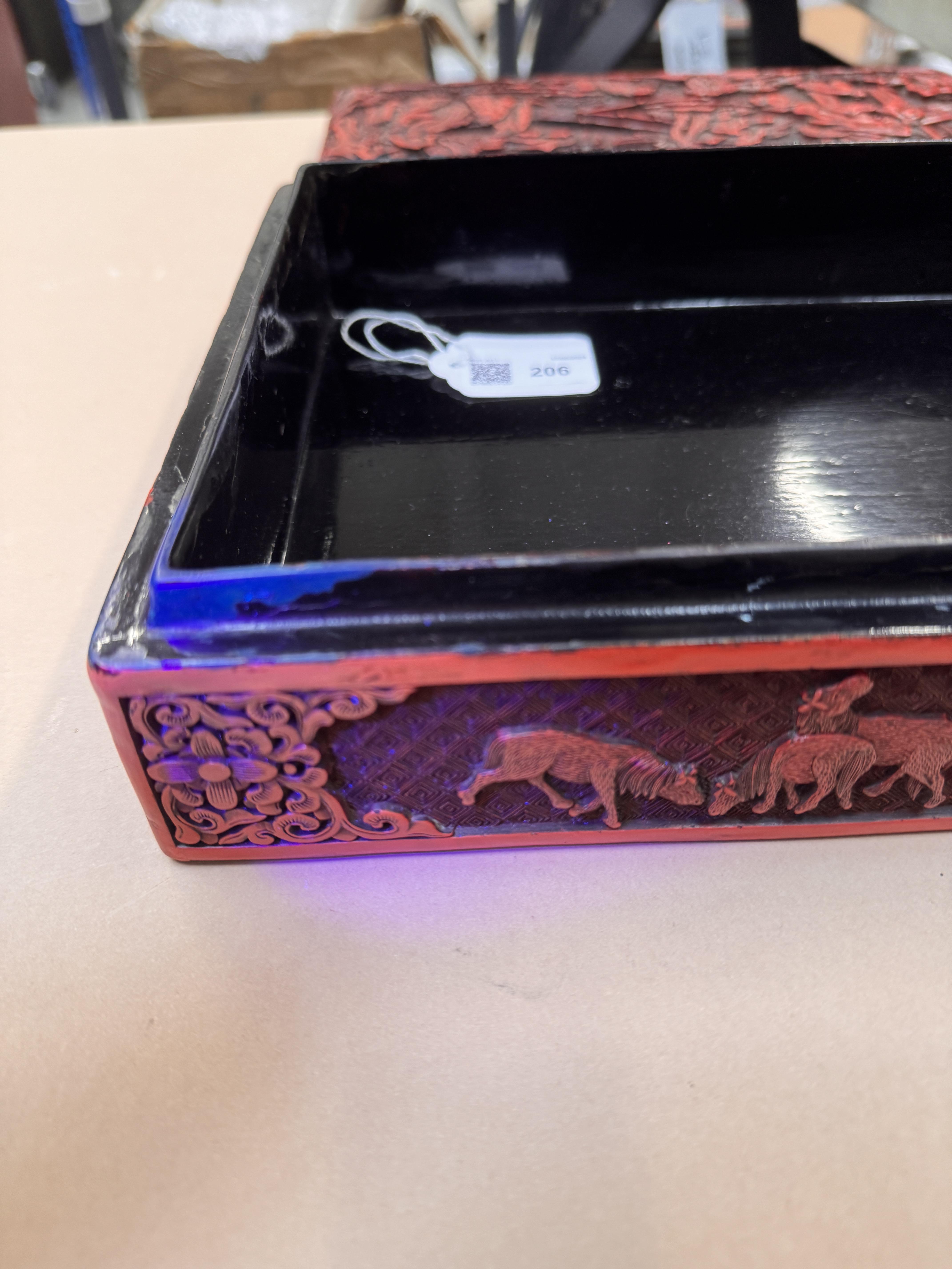 A LARGE AND FINE CHINESE CINNABAR LACQUER 'FIGURAL' BOX AND COVER 早十九世紀 剔紅人物故事圖紋方蓋盒 - Image 24 of 54