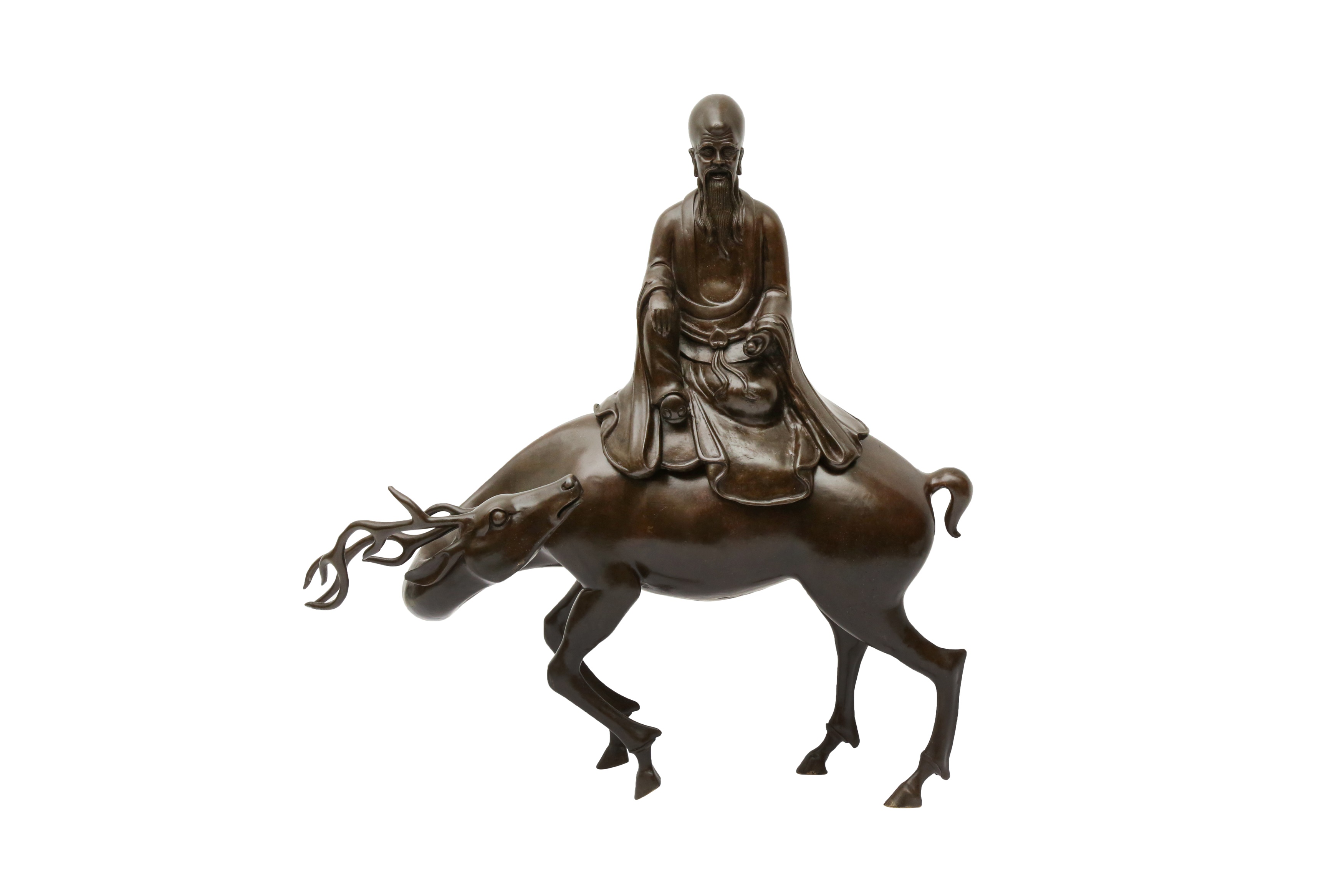 A LARGE CHINESE BRONZE 'SHOU LAO AND DEER' INCENSE BURNER 十七至十八世紀 銅壽老騎鹿熏爐