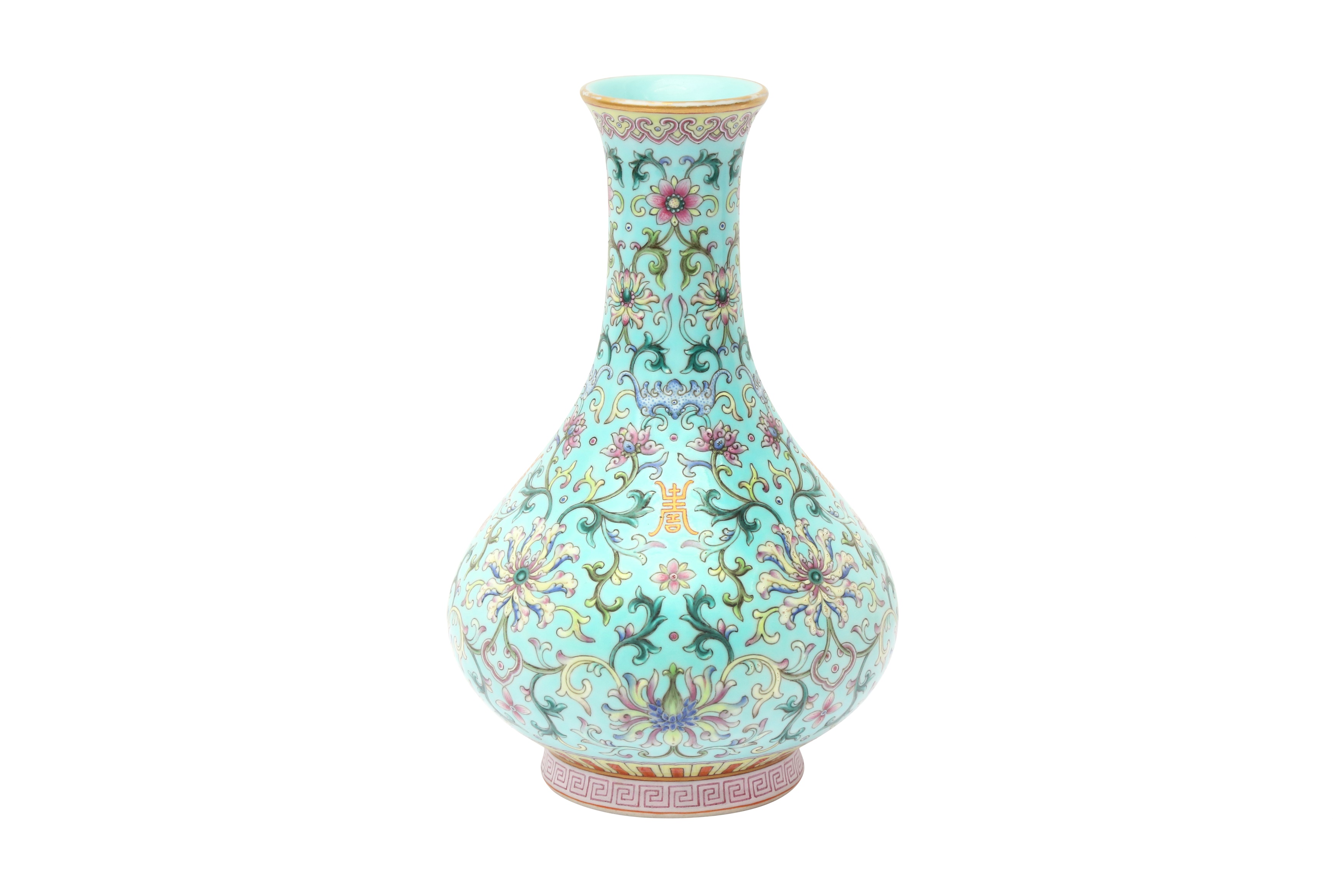 A CHINESE FAMILLE-ROSE TURQUOISE-GROUND 'LOTUS' VASE 或為清嘉慶 松石綠地粉彩纏枝番蓮紋瓶 《大清嘉慶年製》款 - Image 2 of 18