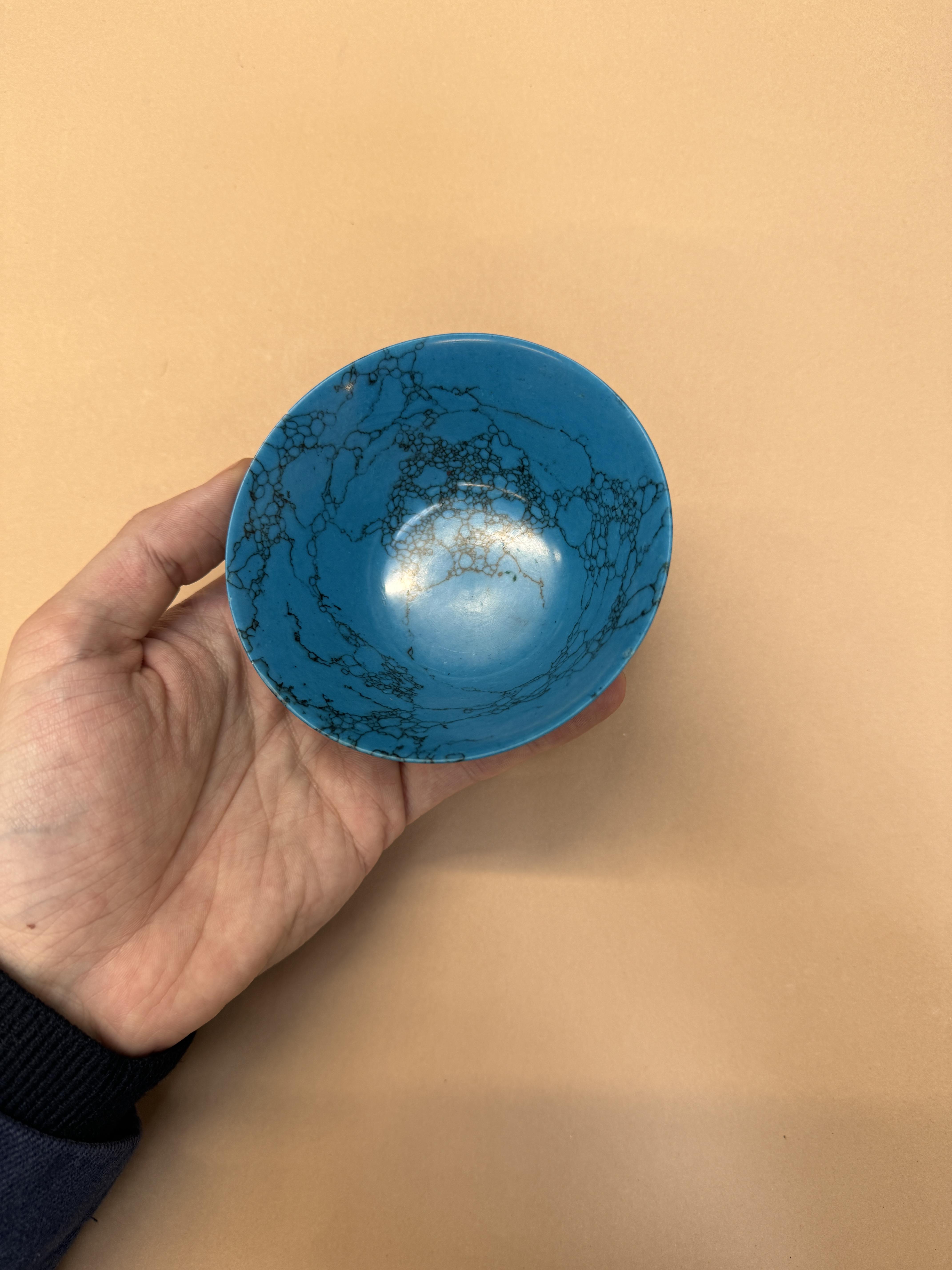 A RARE CHINESE CARVED AND TURNED SOLID TURQUOISE BOWL 清 綠松石盌 - Image 12 of 14