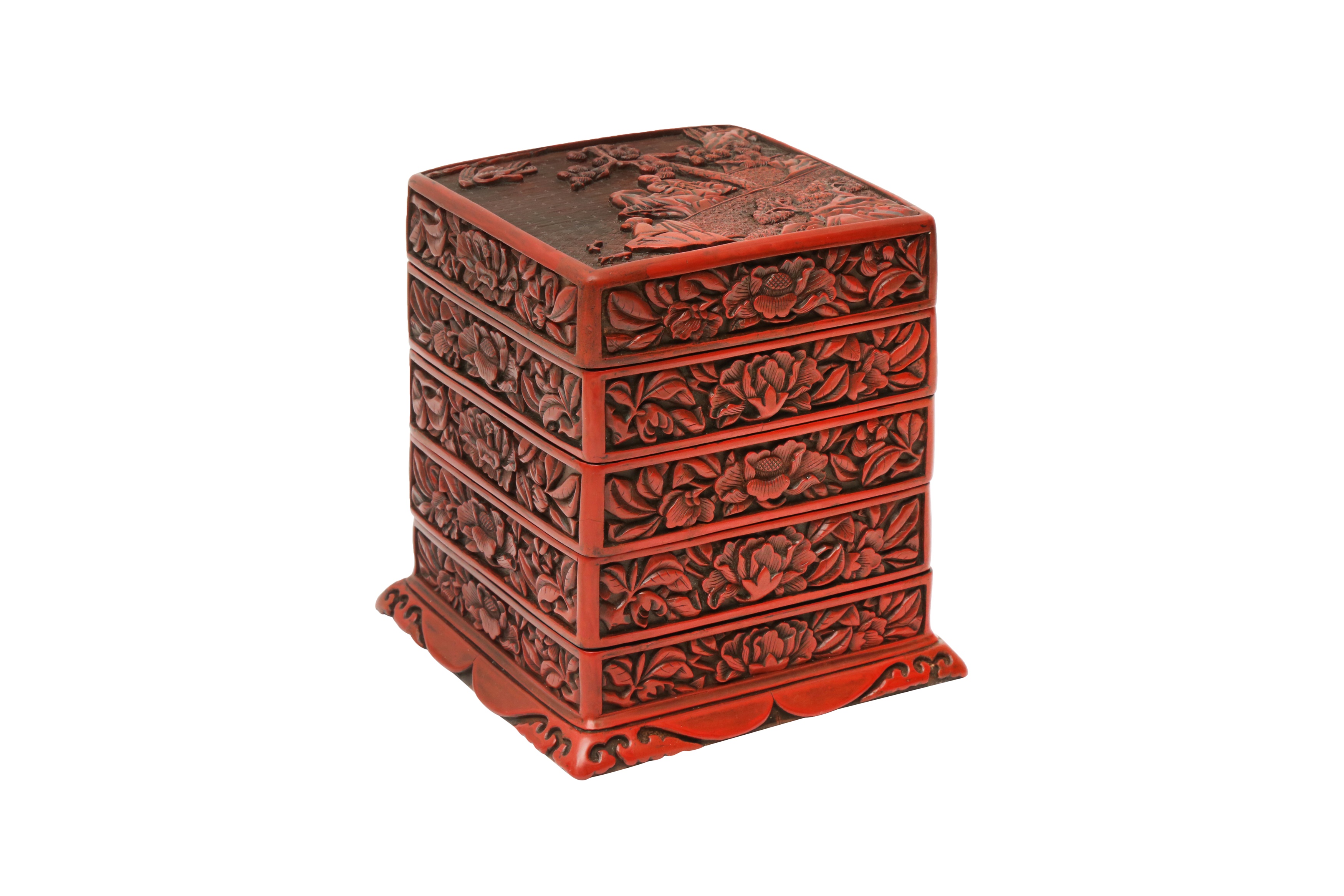 A CHINESE CINNABAR LACQUER TIERED BOX AND COVER 明 剔紅士大夫圖紋四層蓋盒