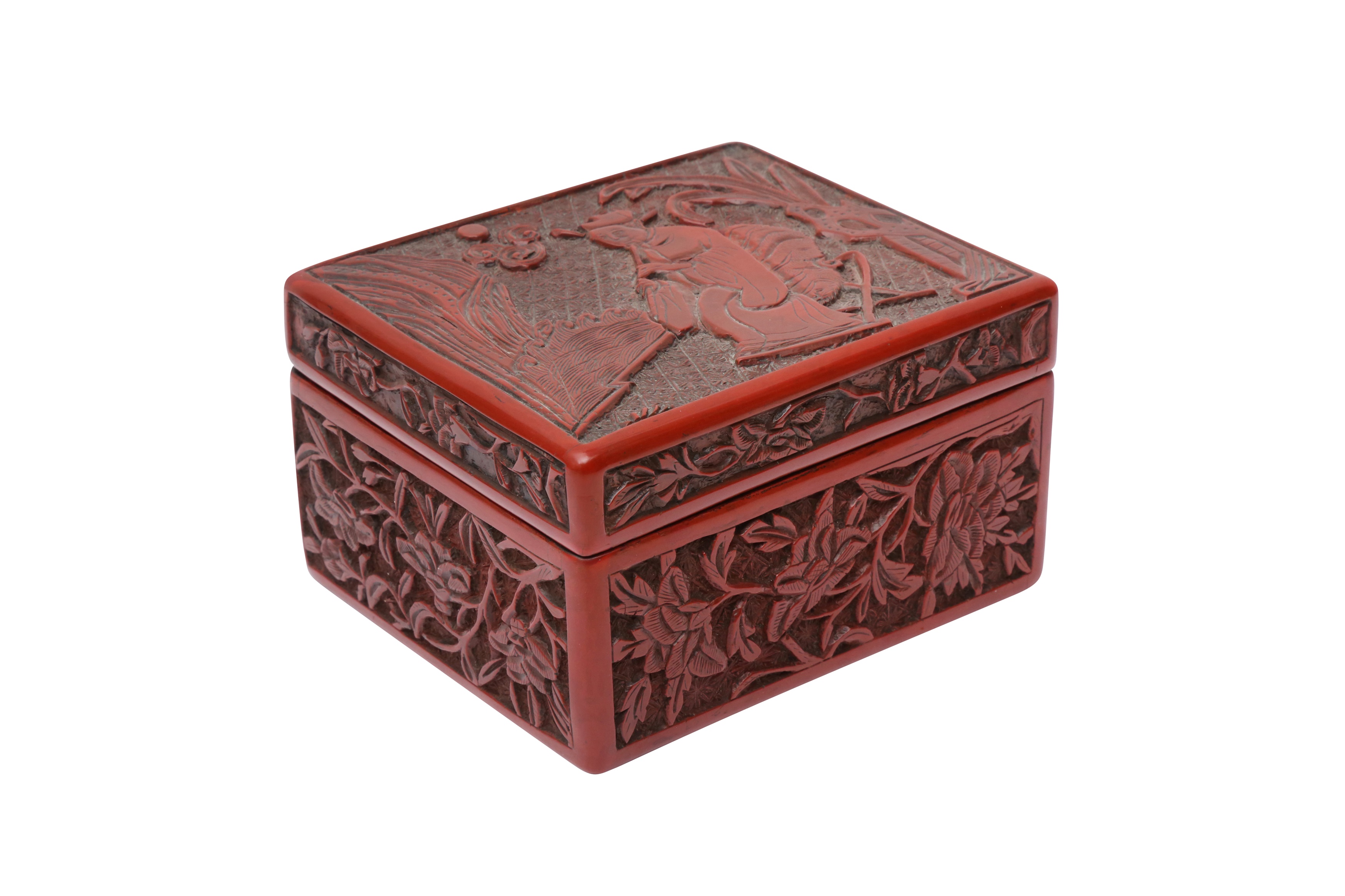 A CHINESE CINNABAR LACQUER 'MUSICIAN' BOX AND COVER 晚明 剔紅圖高士行樂圖紋蓋盒