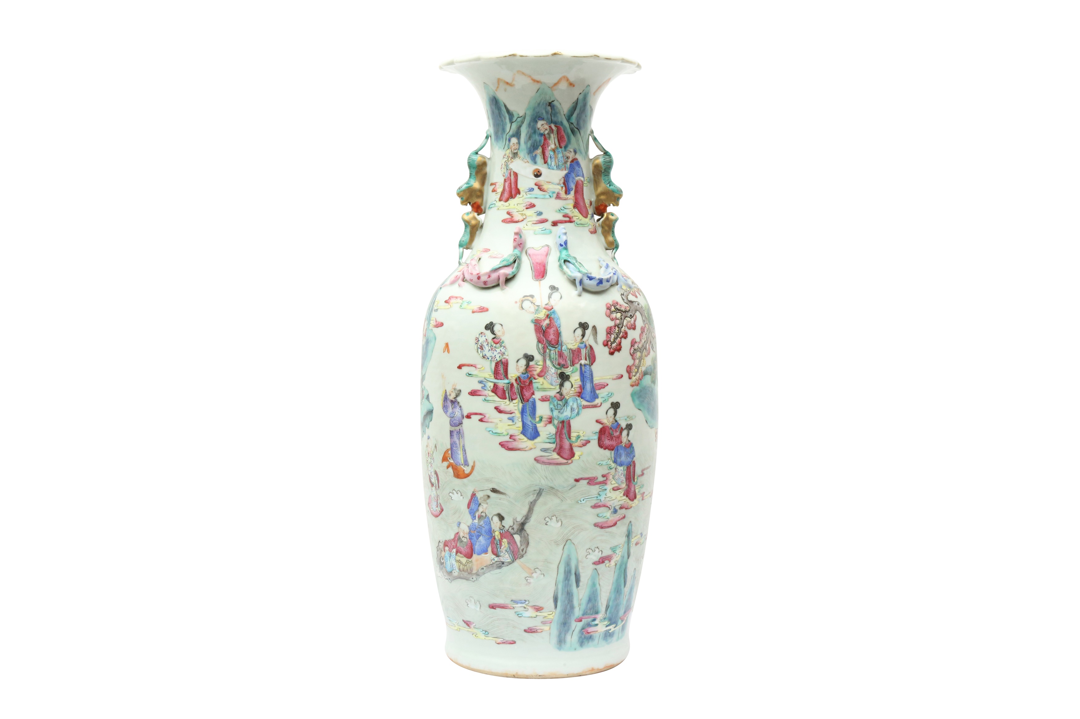 A LARGE CHINESE FAMILLE-ROSE BALUSTER VASE 清道光 粉彩人物故事圖紋雙螭龍耳瓶