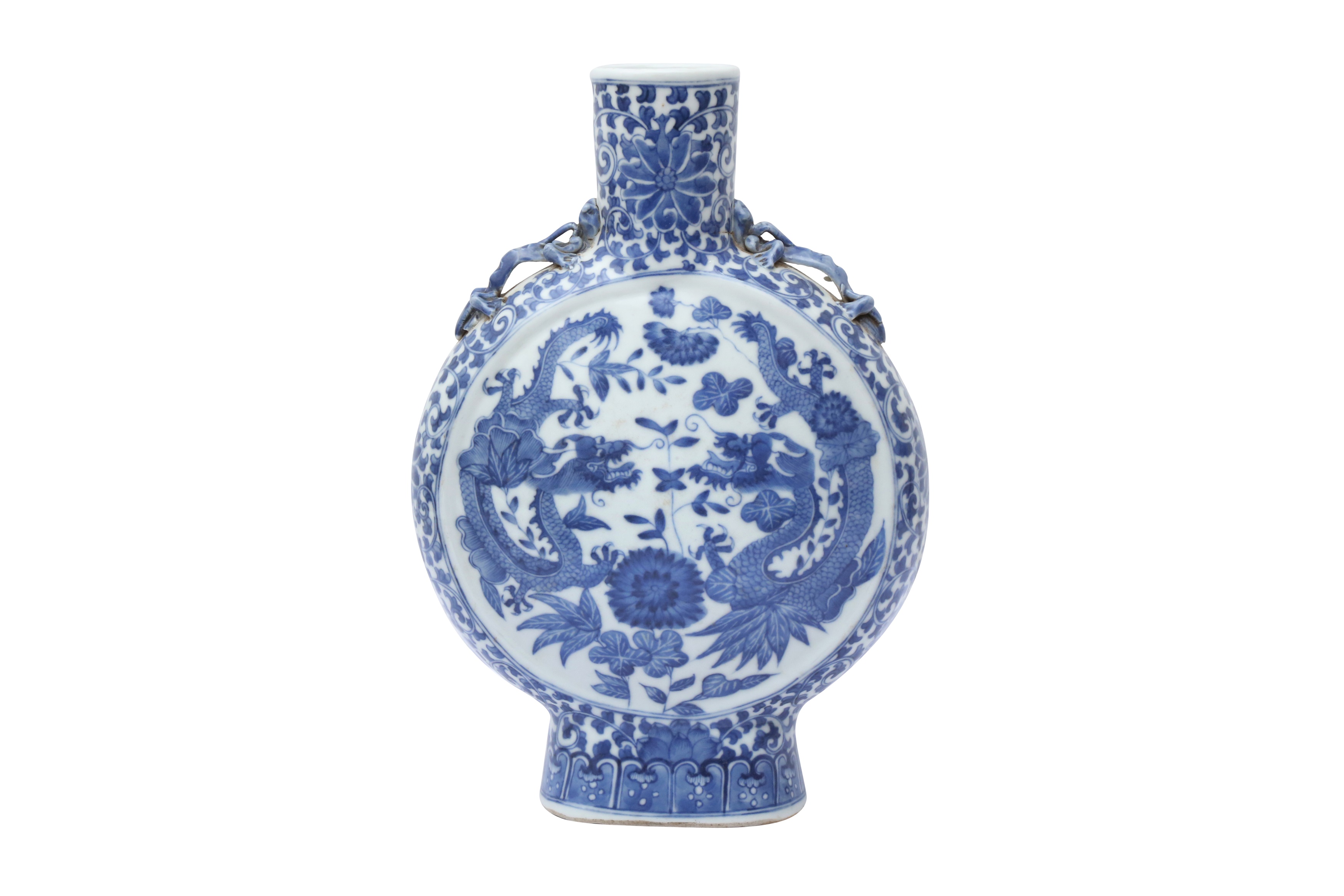 A CHINESE BLUE AND WHITE 'DRAGONS' MOON FLASK 清十九世紀 青花雙龍穿花抱月瓶