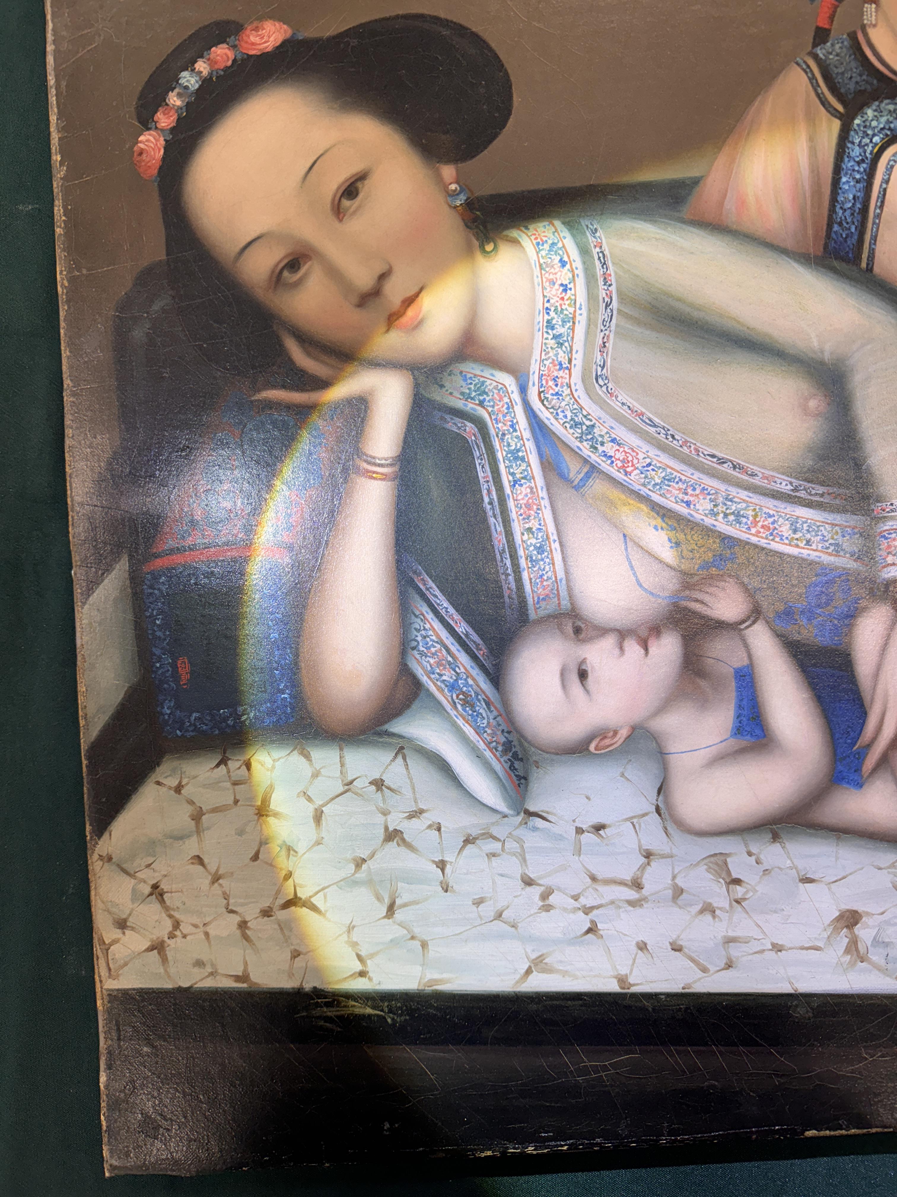 A RARE CHINESE EXPORT 'NURSING MOTHER WITH INFANT AND ATTENDANT' PAINTING, UNKNOWN ARTIST Nursing mo - Image 5 of 42