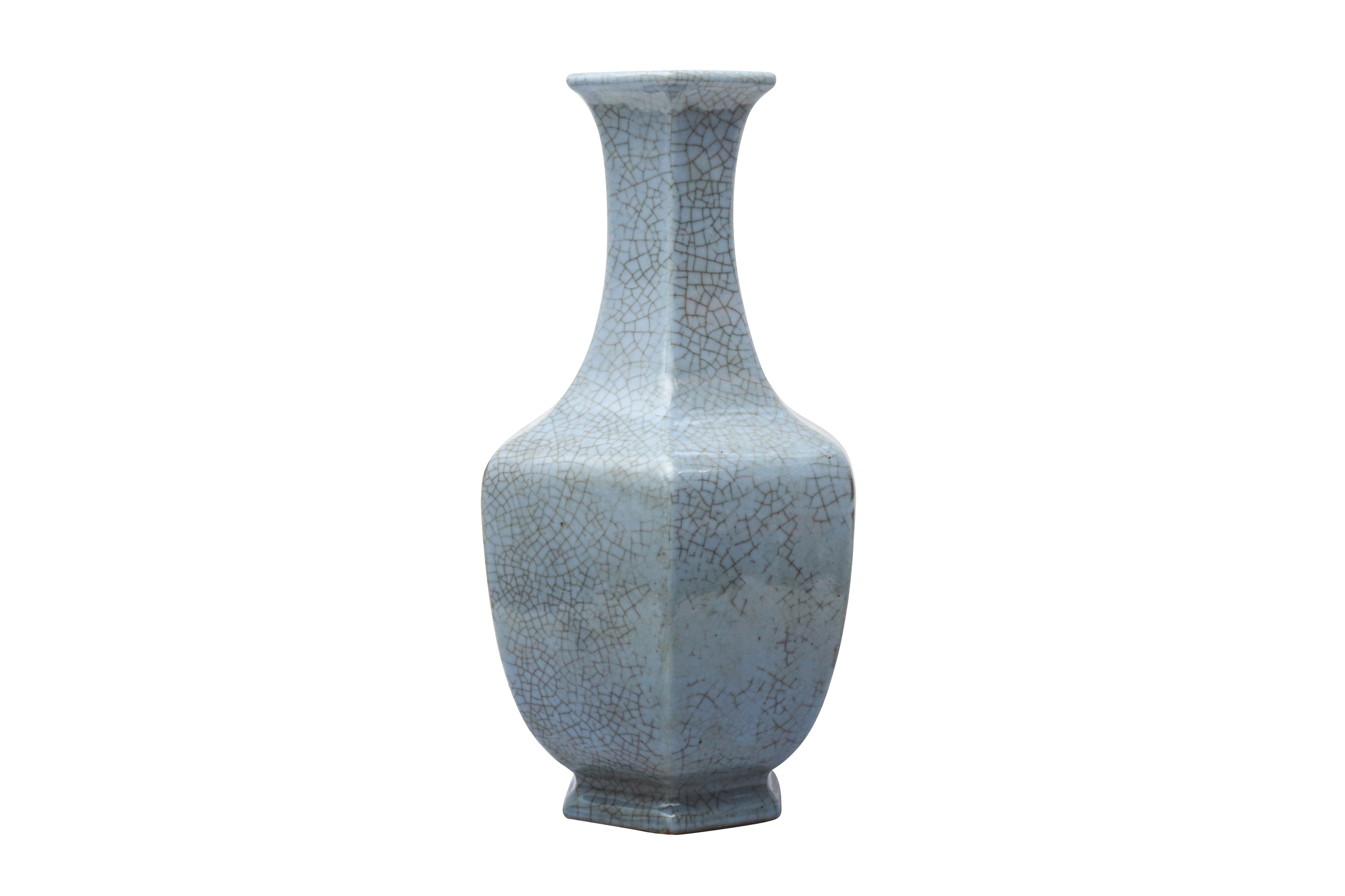 A LARGE CHINESE GUAN-TYPE HEXAGONAL BALUSTER VASE 清或為乾隆 仿官釉六棱式瓶 《大清乾隆年製》款