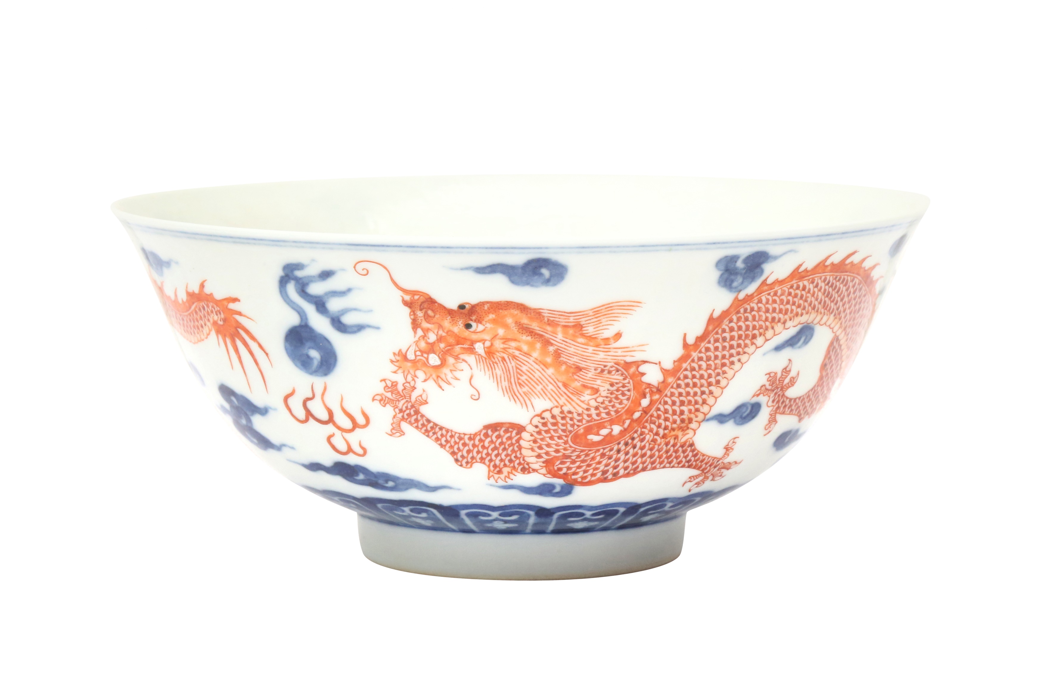 A CHINESE BLUE AND WHITE AND IRON-RED 'DRAGONS' BOWL 青花礬紅雲龍紋盌 《大清乾隆年製》款