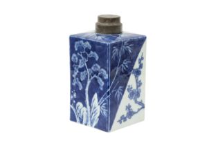 A CHINESE BLUE AND WHITE 'THREE FRIENDS OF WINTER' TEA CADDY 清嘉慶 青花歲寒三友方罐 《嘉慶年製》款