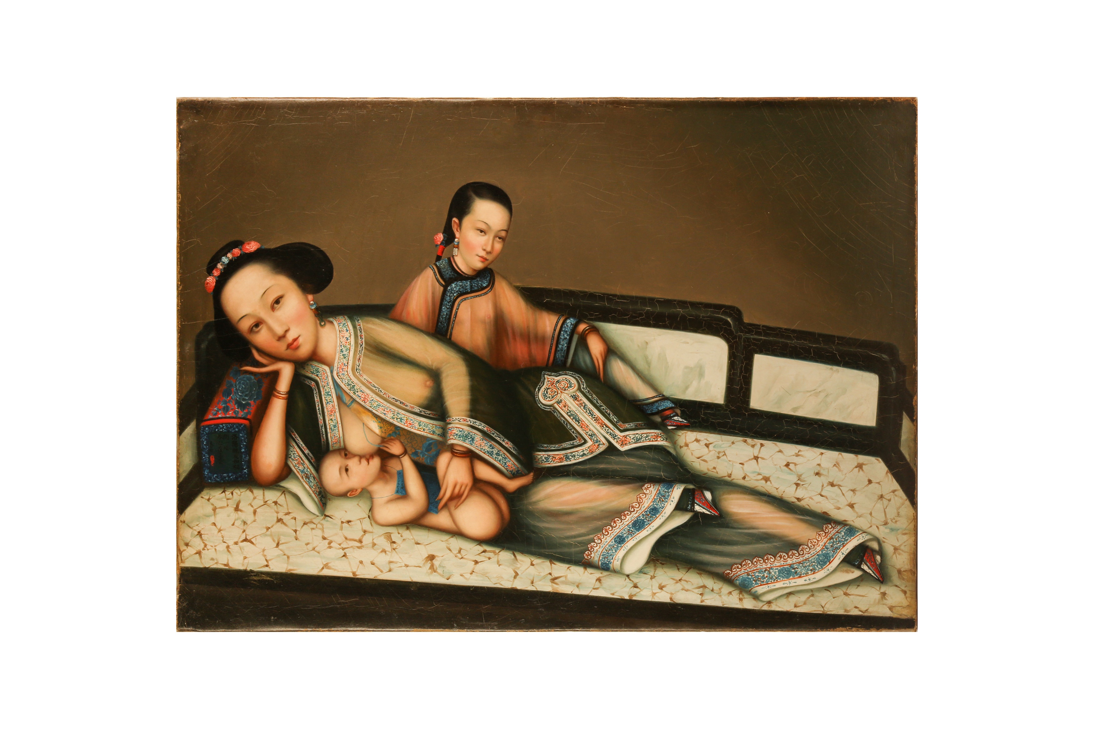 A RARE CHINESE EXPORT 'NURSING MOTHER WITH INFANT AND ATTENDANT' PAINTING, UNKNOWN ARTIST Nursing mo