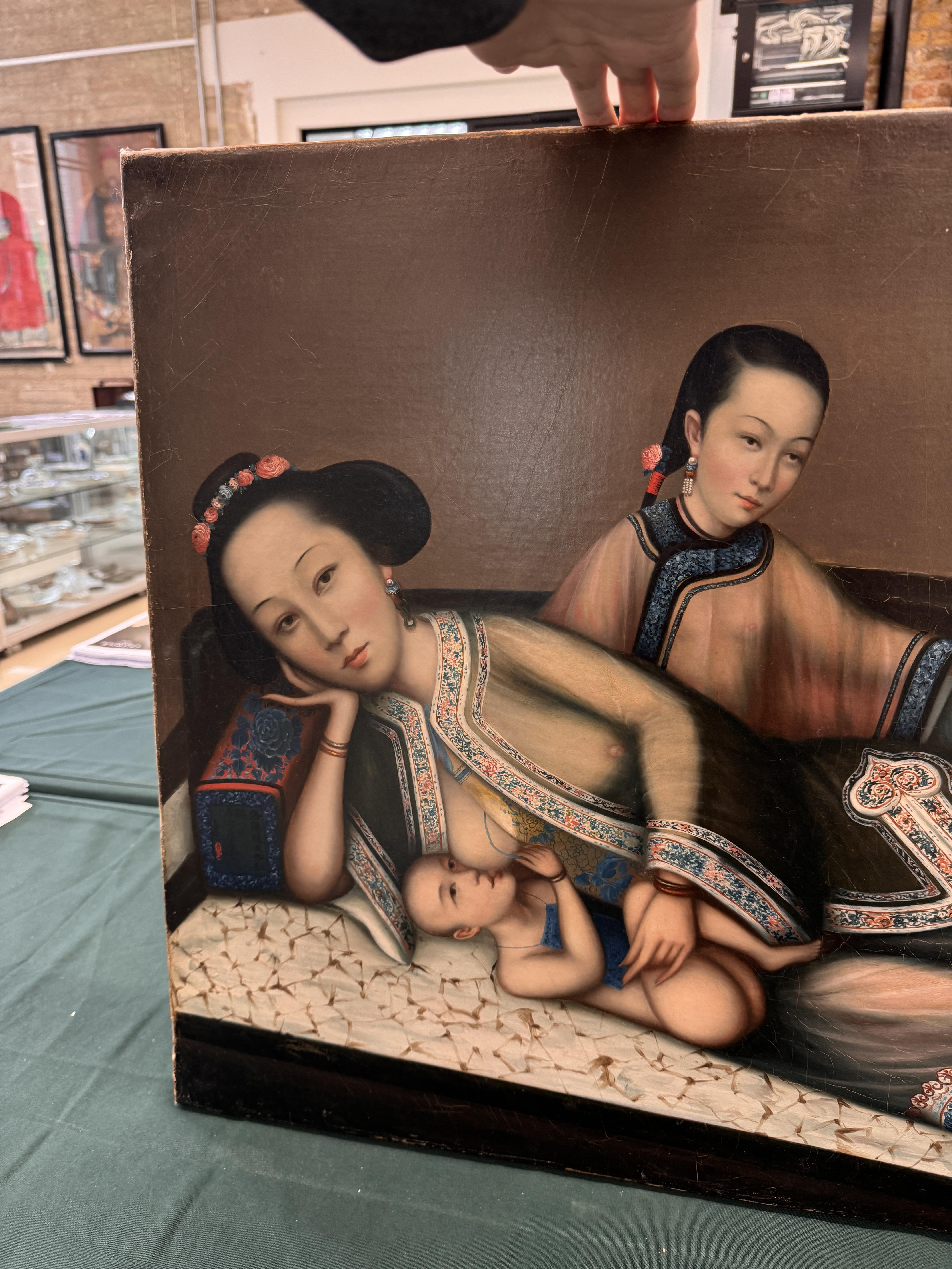 A RARE CHINESE EXPORT 'NURSING MOTHER WITH INFANT AND ATTENDANT' PAINTING, UNKNOWN ARTIST Nursing mo - Image 34 of 42