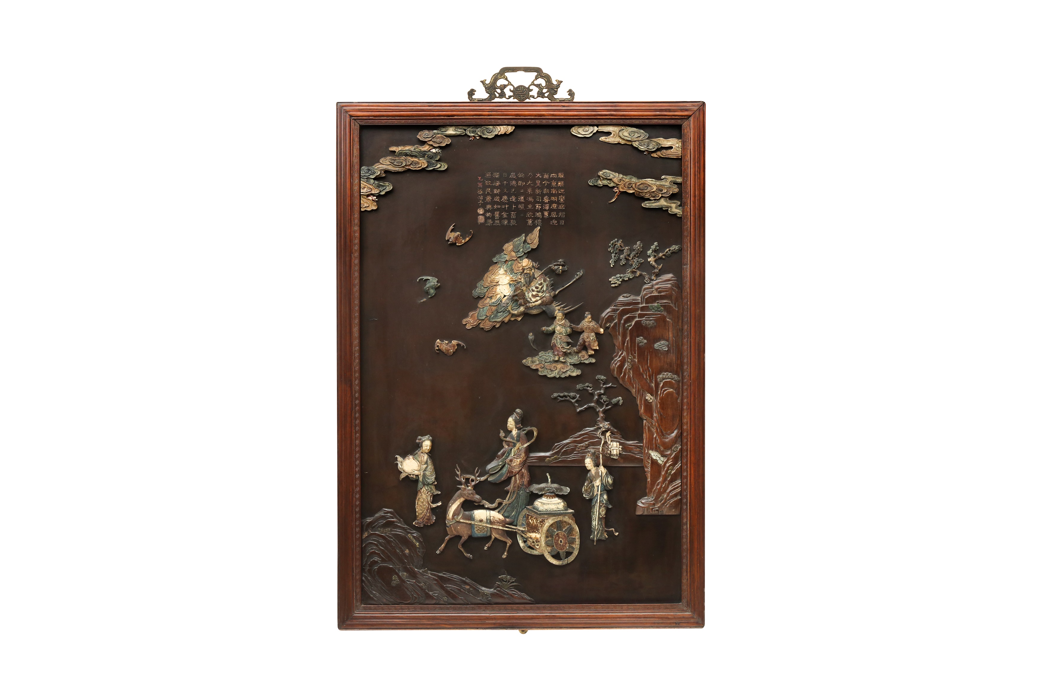 λ A RARE CHINESE BONE AND IVORY-INLAID HONGMU AND ZITAN 'XIWANGMU' PANEL 十九或二十世紀 紅木與紫檀百寶嵌西王母掛屏