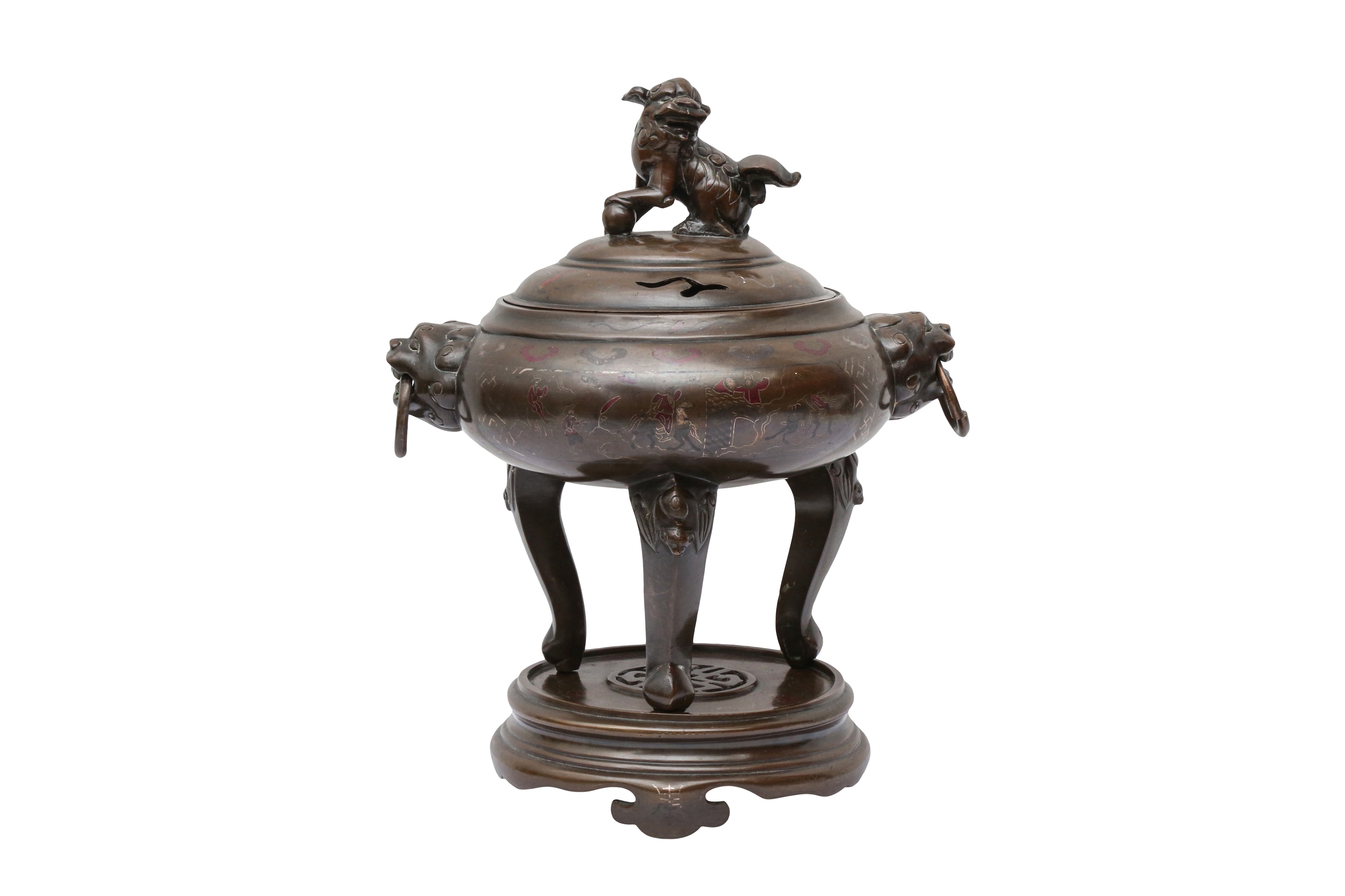 A VIETNAMESE SILVER- AND COPPER-INLAID BRONZE CENSER, COVER AND STAND - Image 2 of 2