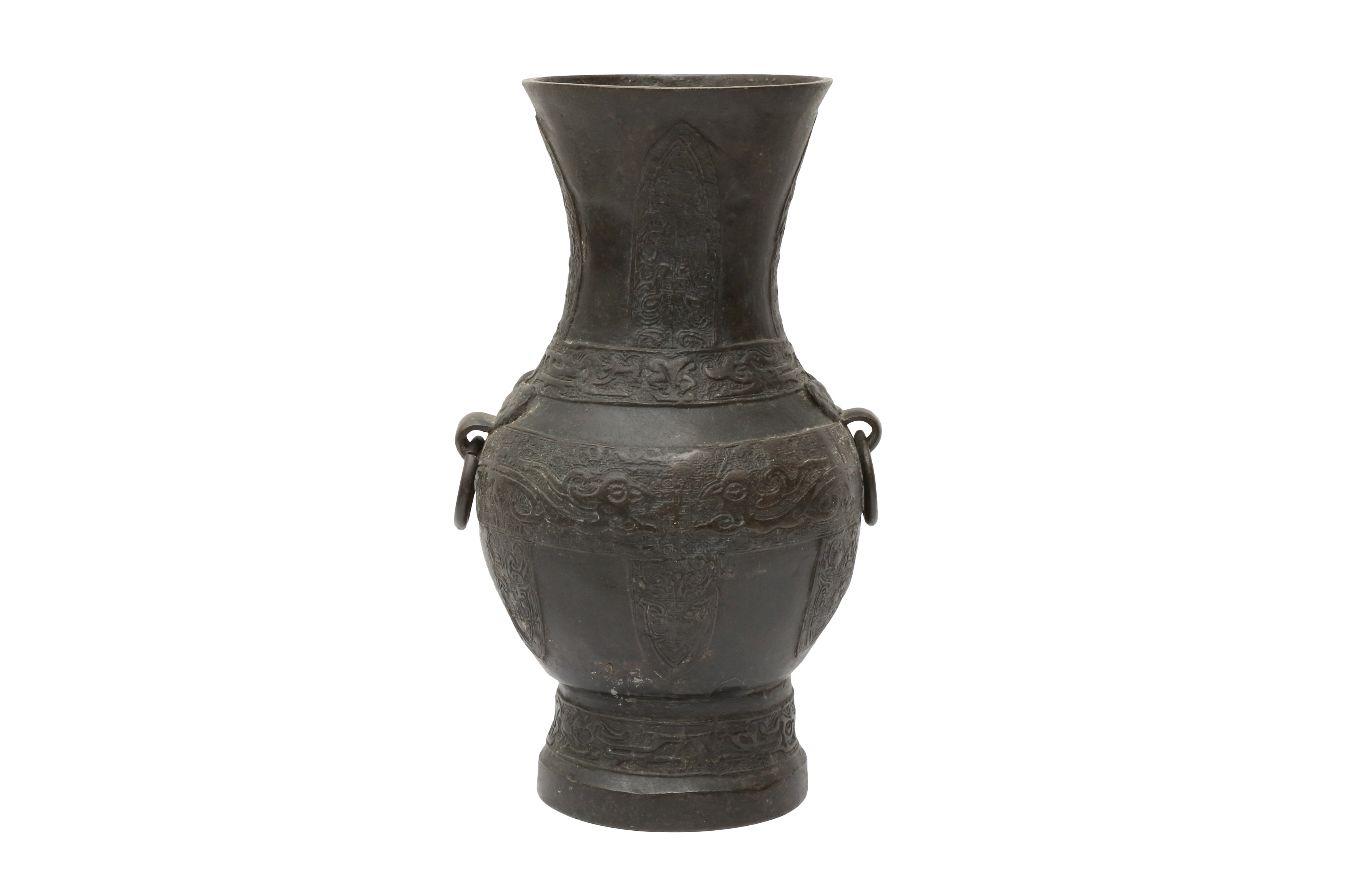 A CHINESE BRONZE ARCHAISTIC TWIN-HANDLED VASE, HU 明 銅饕餮紋雙活耳環壺