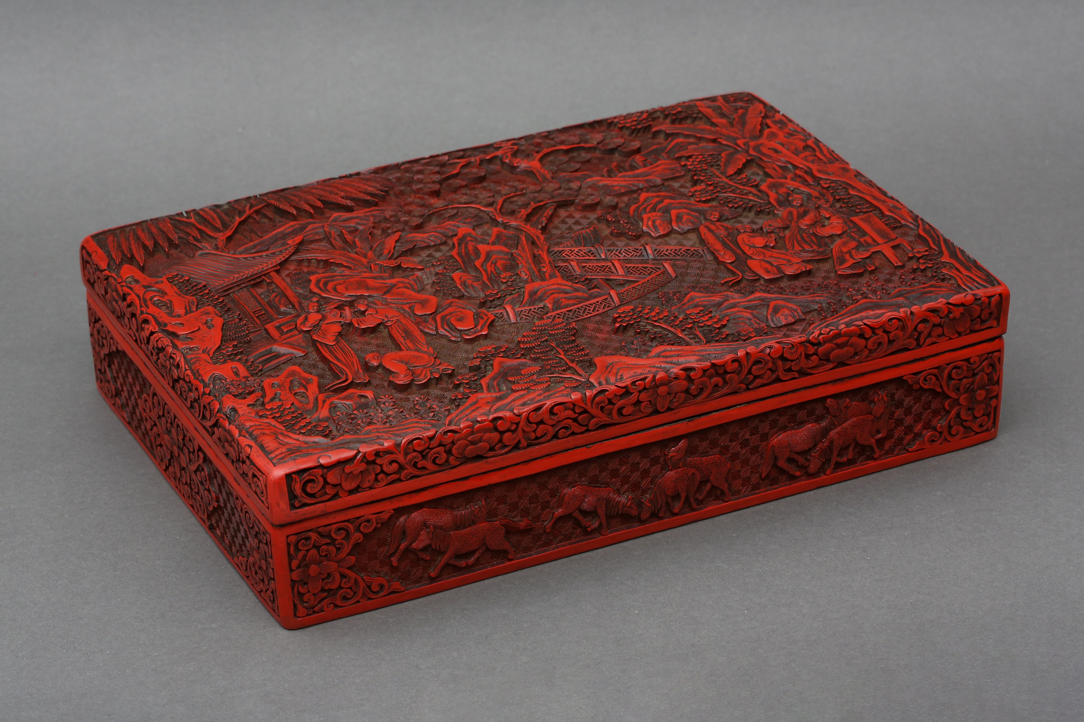 A LARGE AND FINE CHINESE CINNABAR LACQUER 'FIGURAL' BOX AND COVER 早十九世紀 剔紅人物故事圖紋方蓋盒