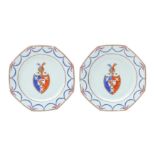 A PAIR OF CHINESE EXPORT ARMORIAL OCTAGONAL DISHES 清十九世紀 外銷粉彩繪徽章紋八角盤一對