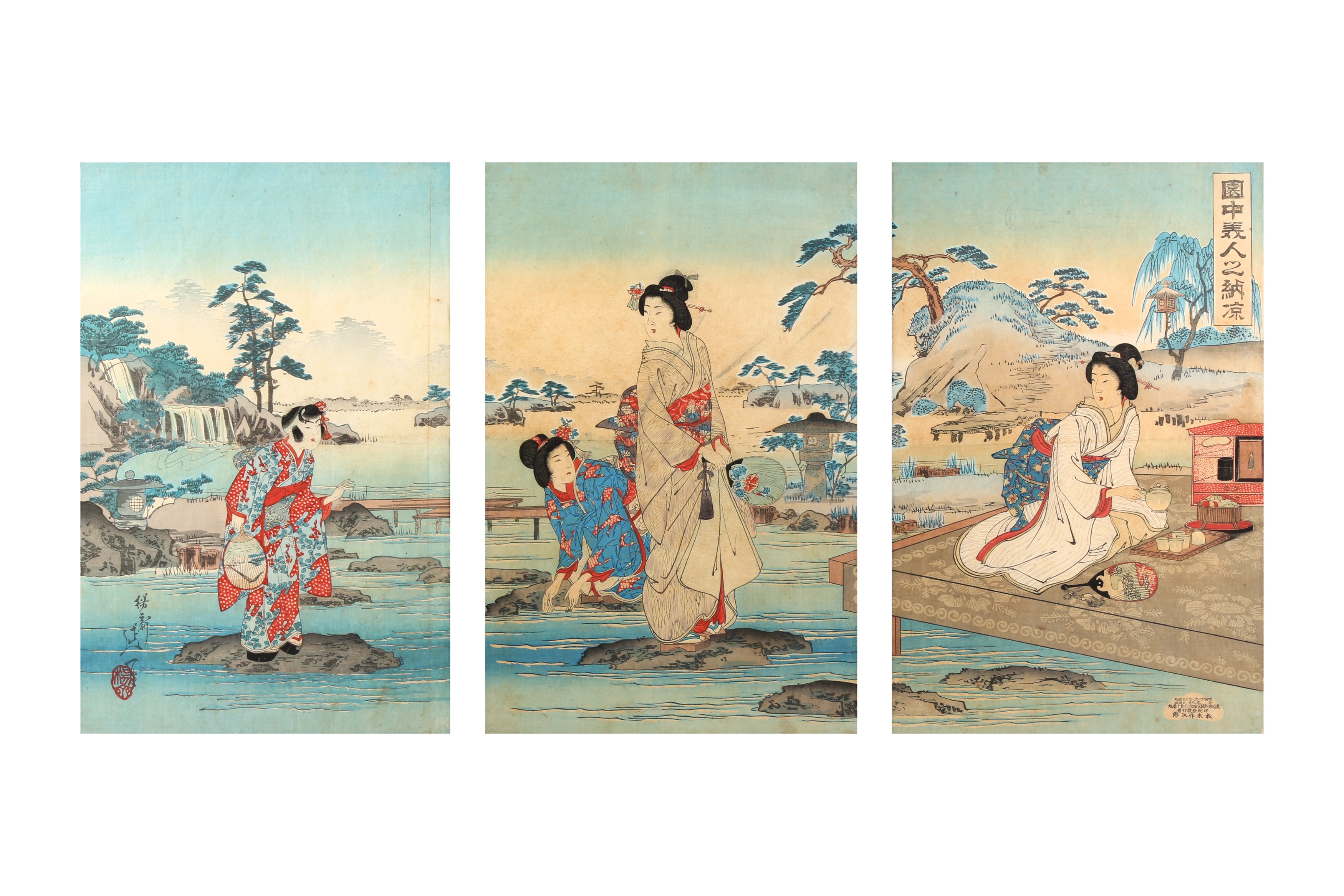 WATANABE NOBUKAZU (1874 – 1944) Two Japaense woodblock print triptychs - Image 4 of 5