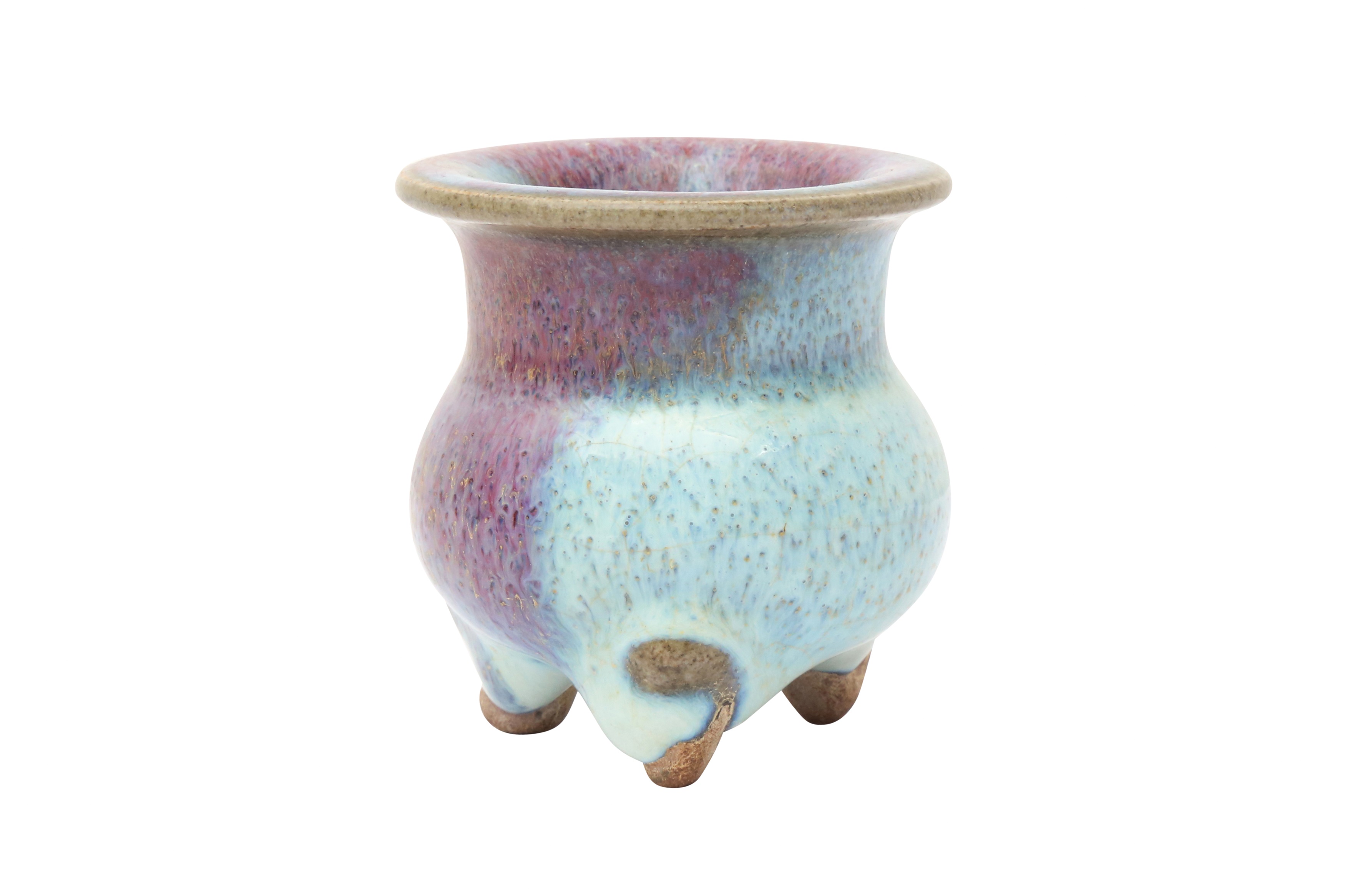 A SMALL CHINESE JUN-TYPE PURPLE-SPLASHED TRIPOD CENSER 或為元 鈞窰式紫斑三足爐