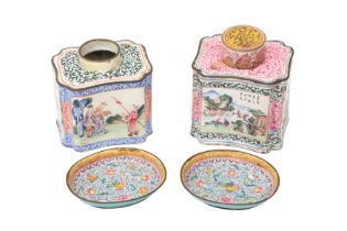 TWO CHINESE CANTON ENAMEL TEA CADDIES AND TWO SMALL DISHES 清十八至十九世紀 廣東銅胎畫琺瑯開光人物故事圖紋方壺及花卉紋小盤兩件