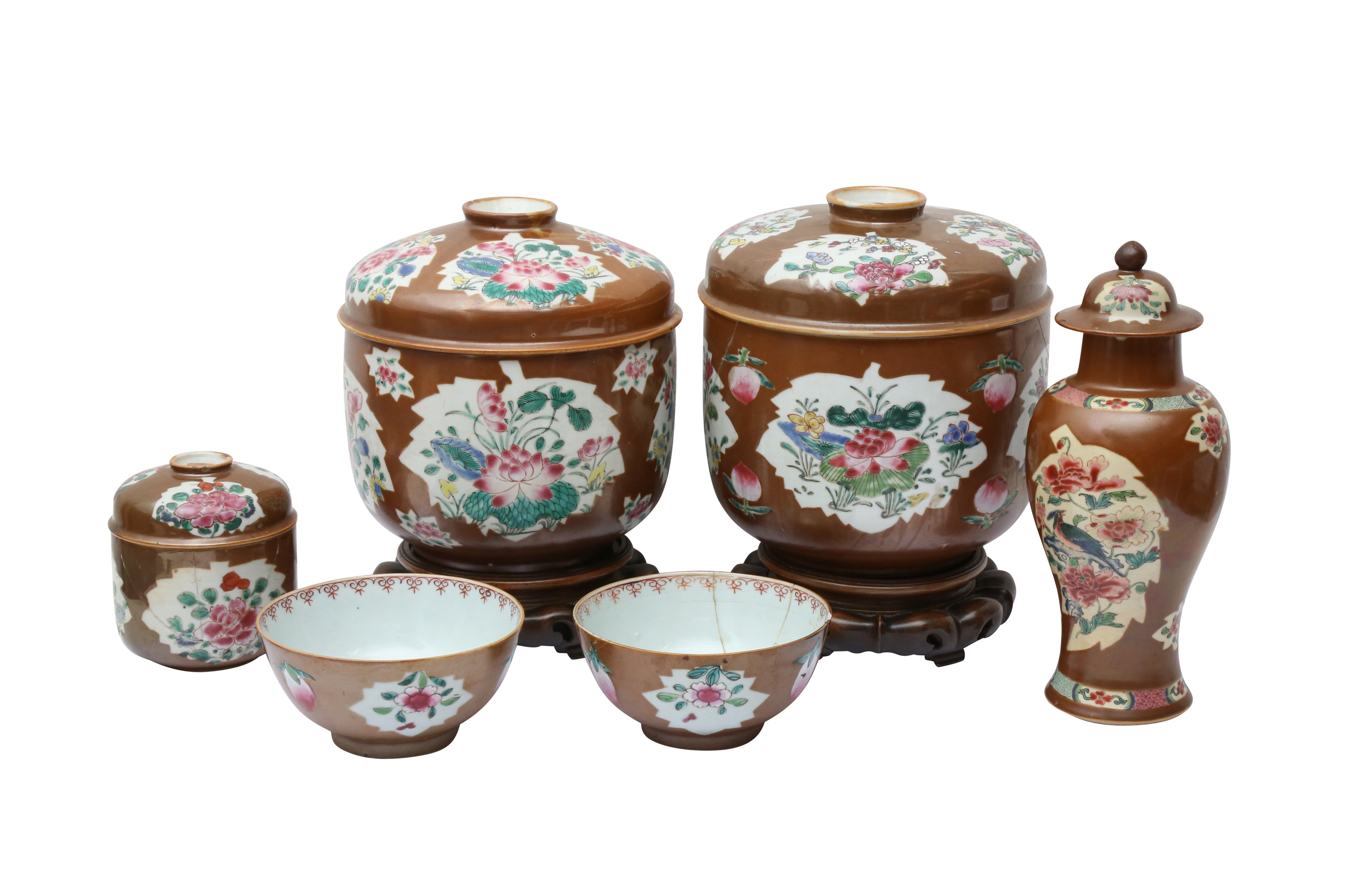 A GROUP OF CHINESE FAMILLE-ROSE 'BATAVIAN' WARES 清十八世紀 醬釉開光粉彩花卉紋瓷器一組