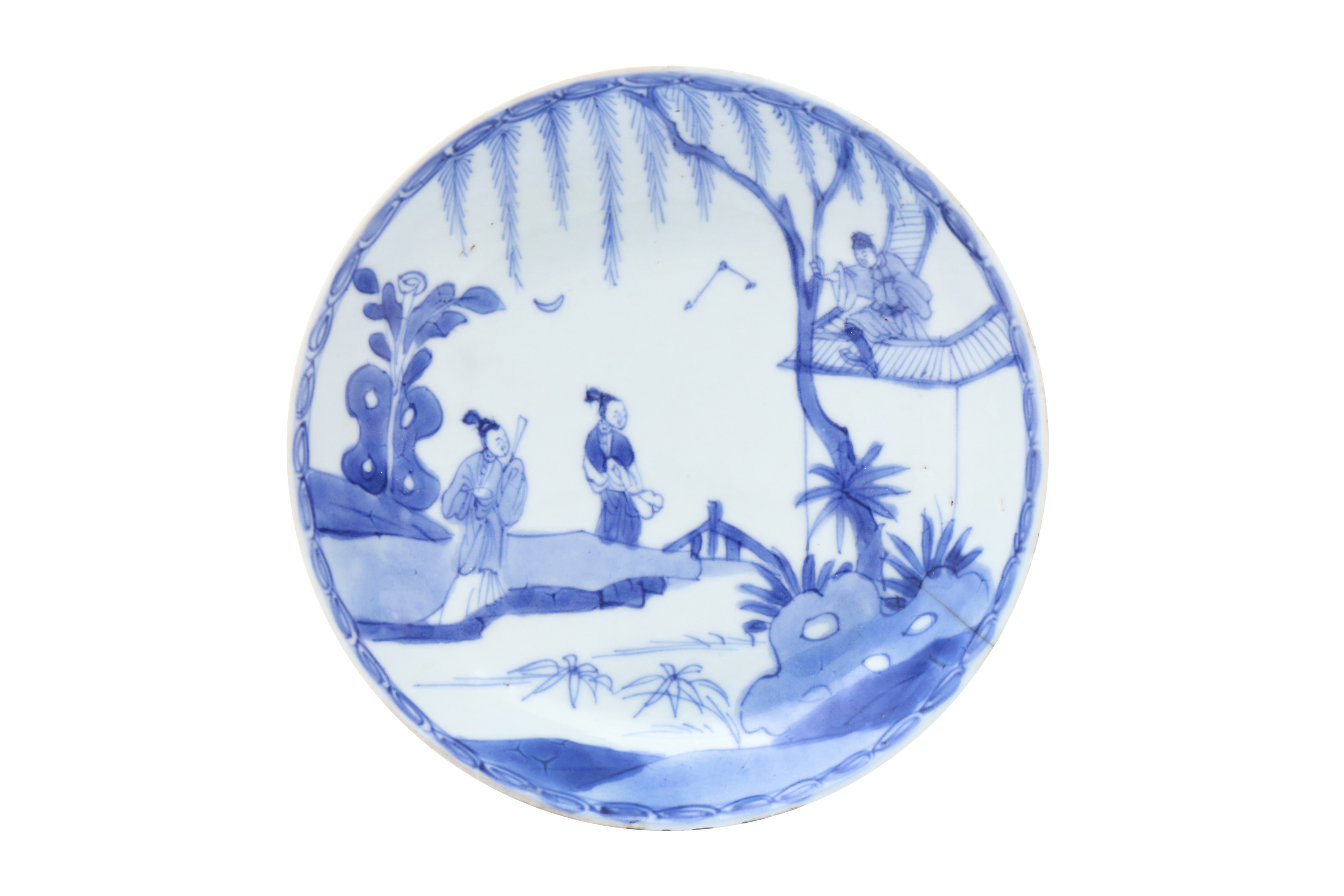A CHINESE BLUE AND WHITE 'ROMANCE OF THE WESTERN CHAMBER' DISH 清康熙 青花繪西廂記人物故事圖盤