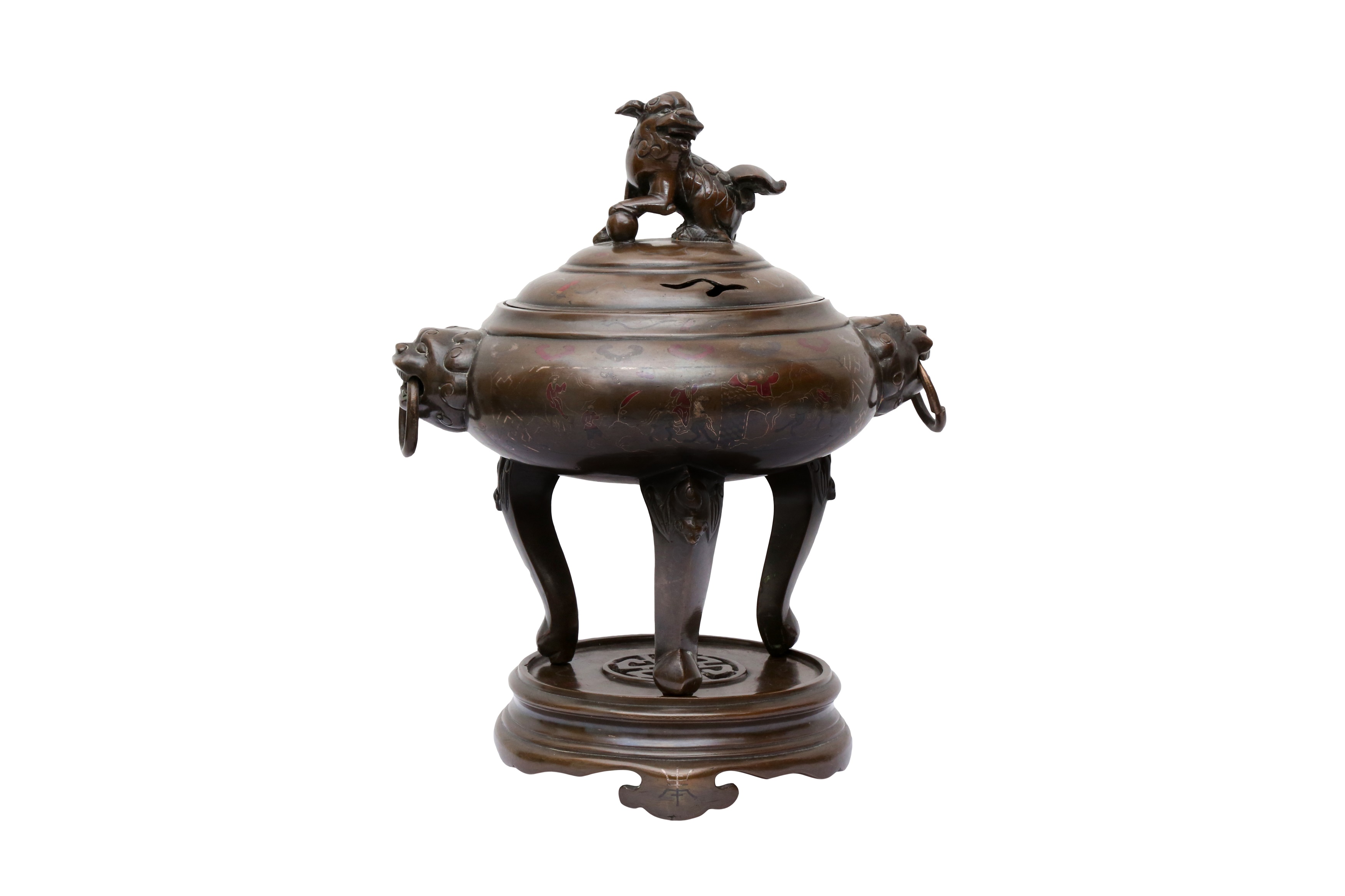 A VIETNAMESE SILVER- AND COPPER-INLAID BRONZE CENSER, COVER AND STAND