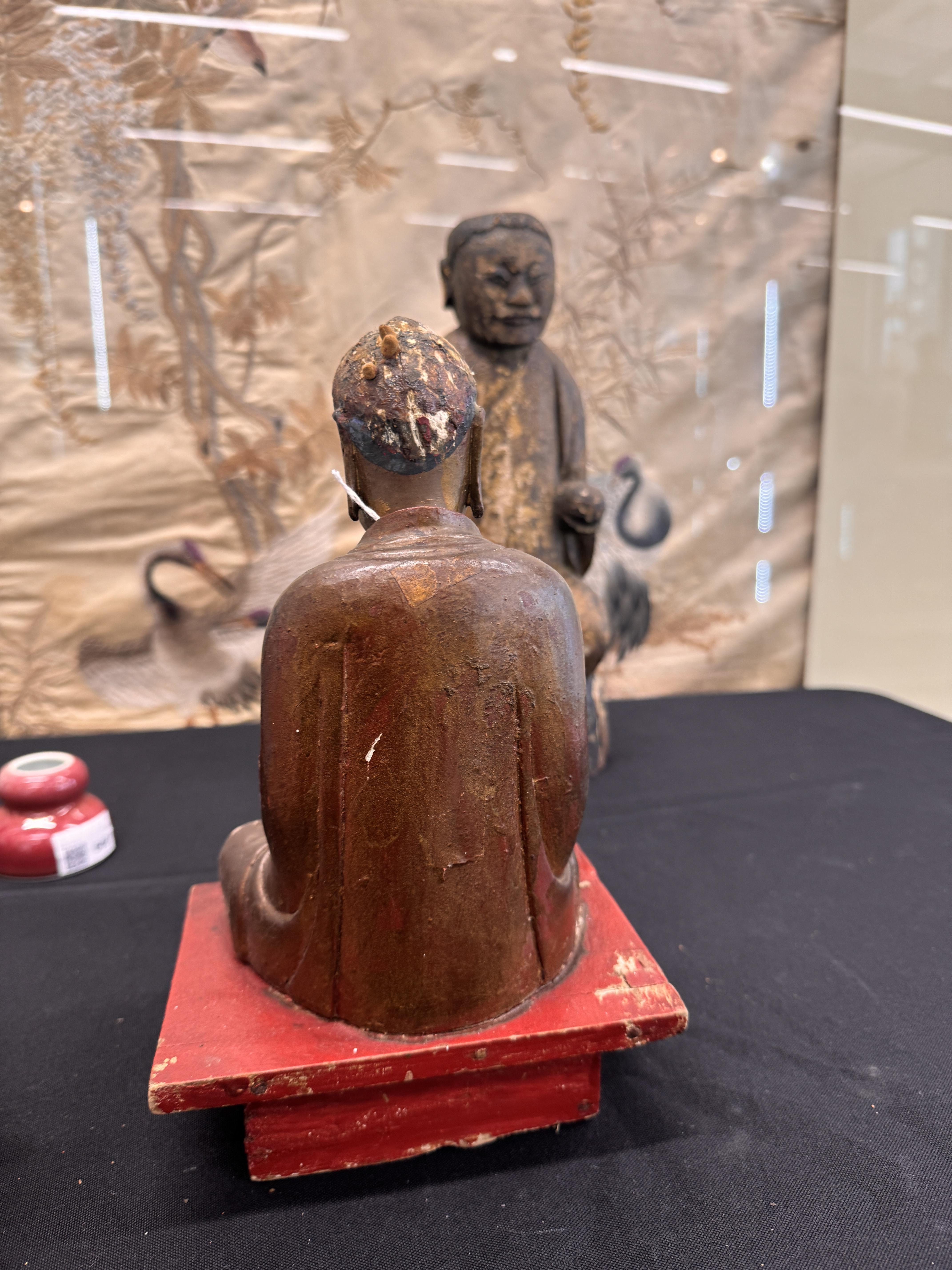 TWO CHINESE LACQUERED WOOD FIGURES 明及後期 漆木人物雕像 - Image 14 of 17