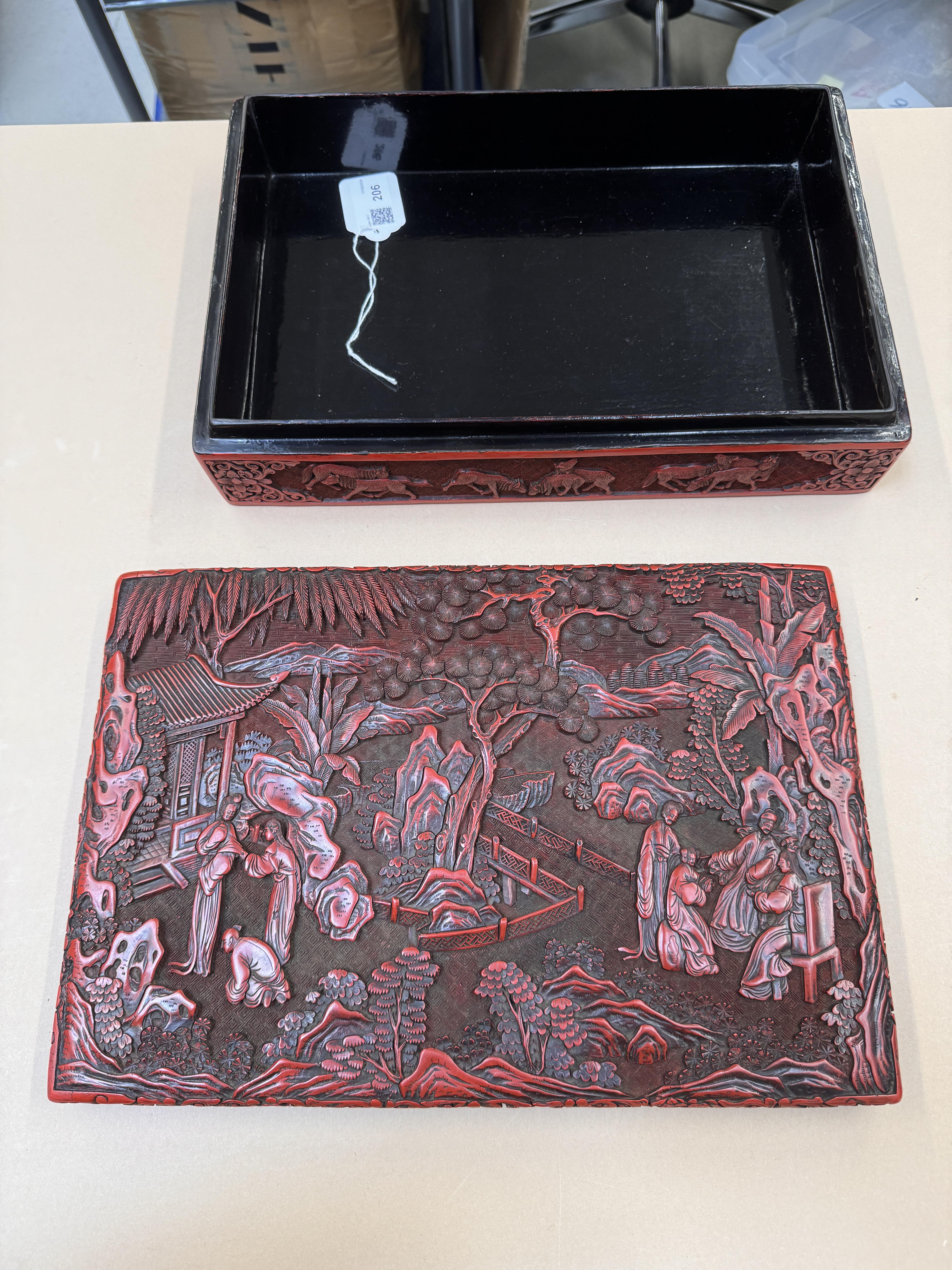 A LARGE AND FINE CHINESE CINNABAR LACQUER 'FIGURAL' BOX AND COVER 早十九世紀 剔紅人物故事圖紋方蓋盒 - Image 52 of 54