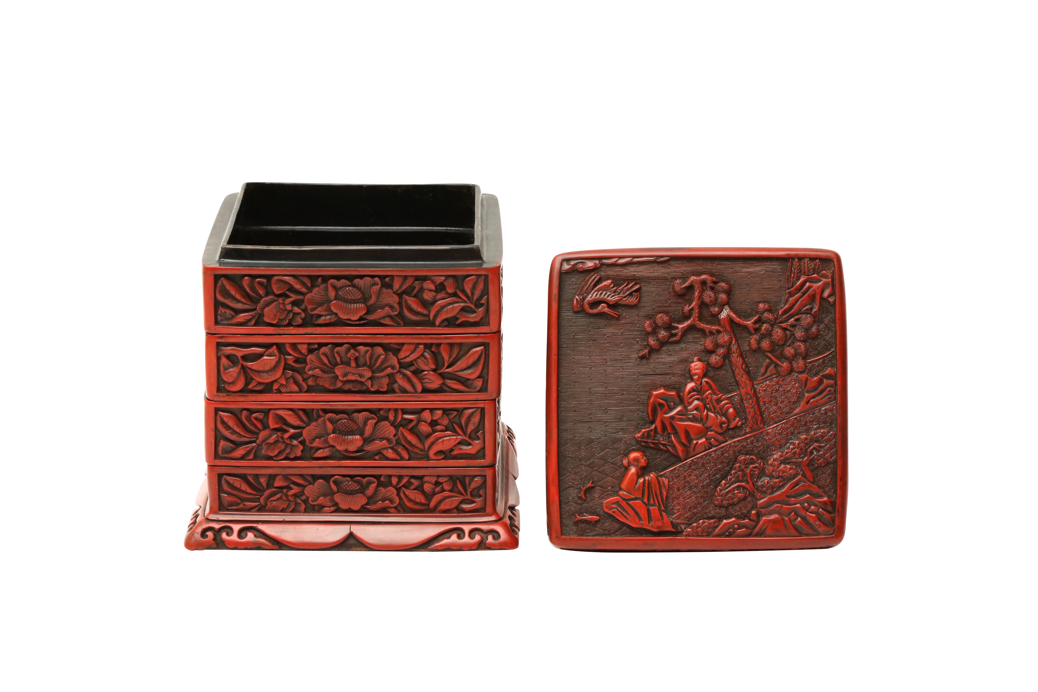 A CHINESE CINNABAR LACQUER TIERED BOX AND COVER 明 剔紅士大夫圖紋四層蓋盒 - Image 2 of 38
