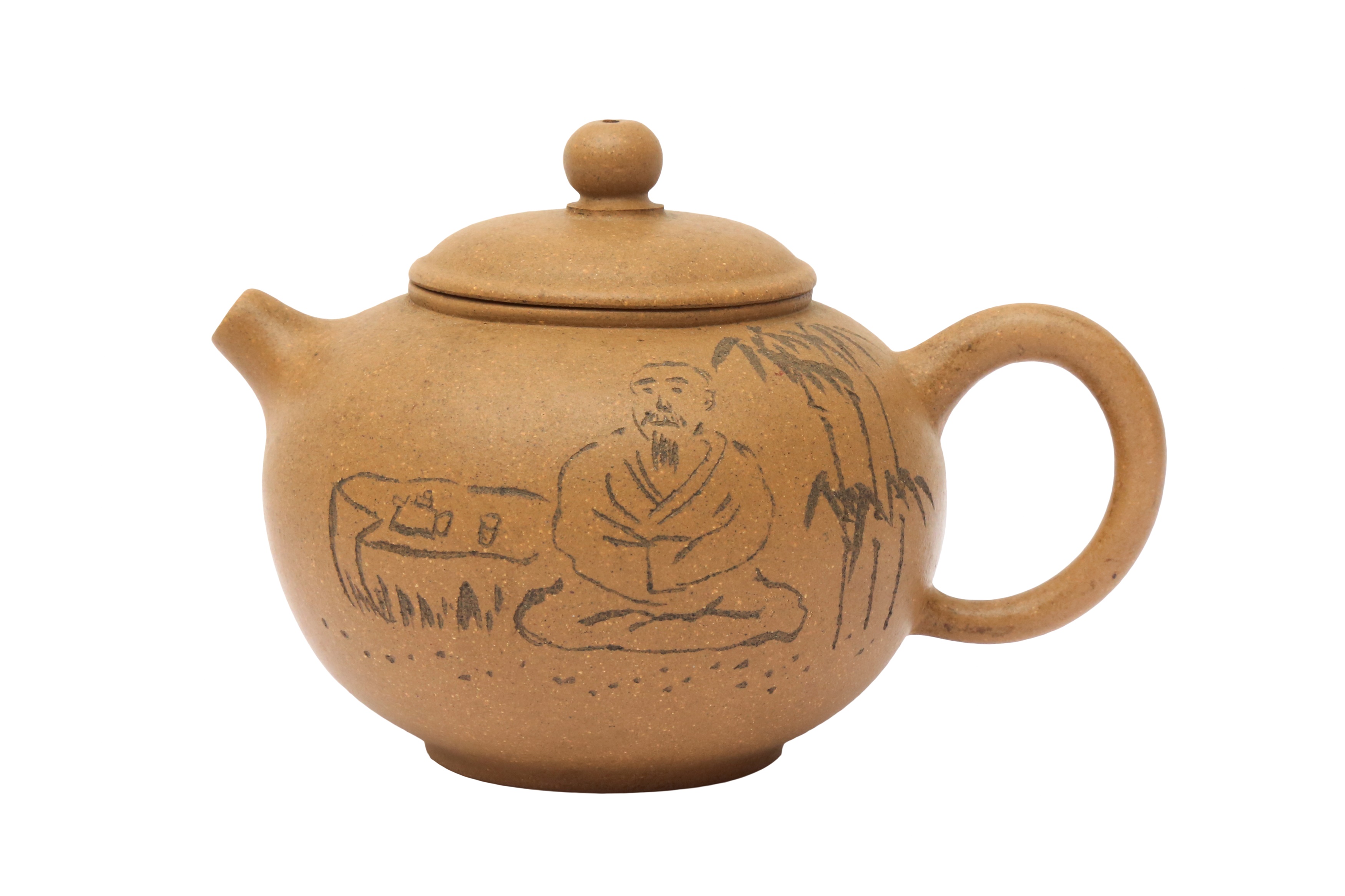 A SMALL CHINESE YIXING ZISHA 'SCHOLAR' TEAPOT 宜興紫砂雅士行樂圖紋圓壺 《范莊農家》款