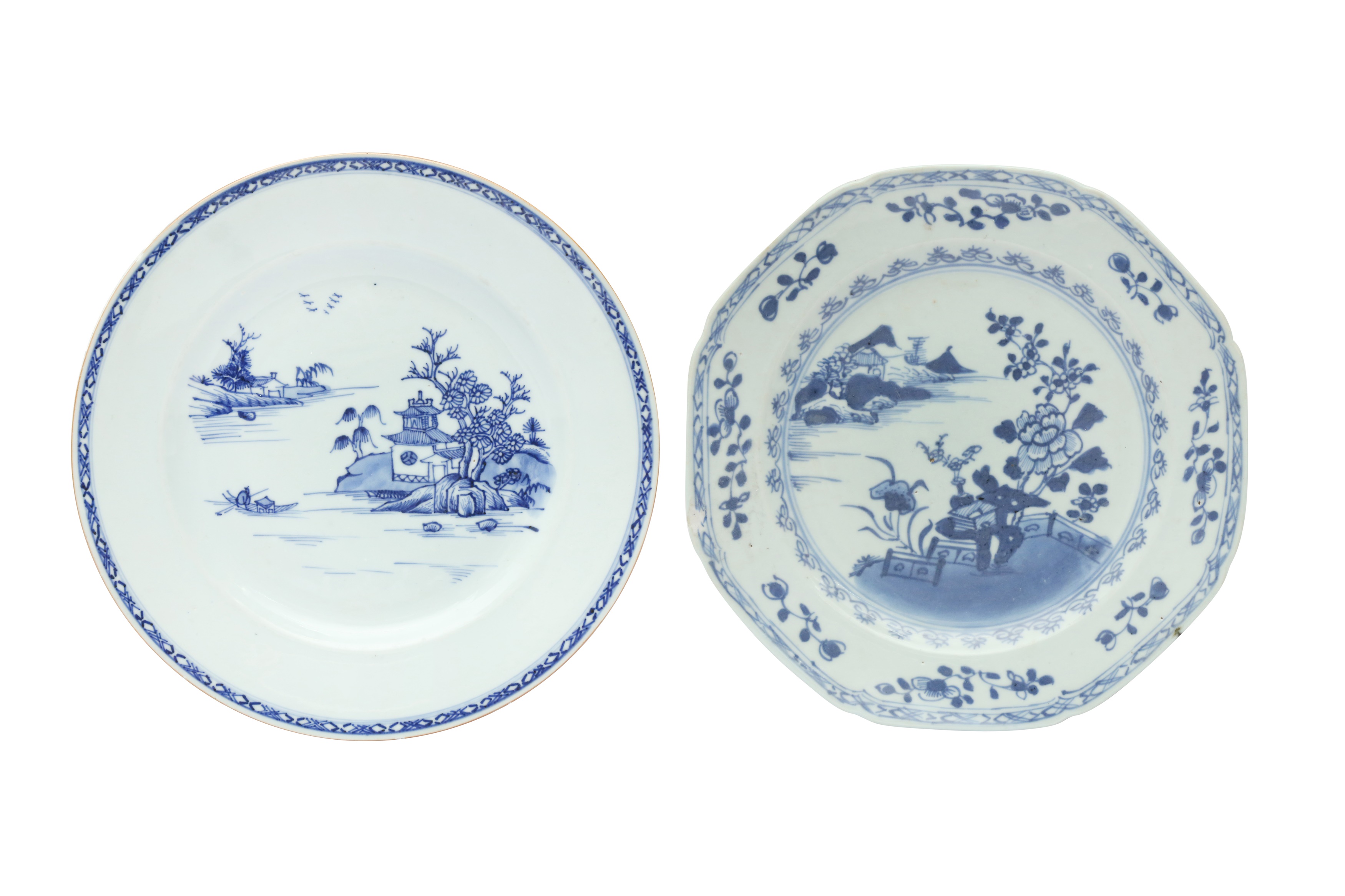 TWO CHINESE EXPORT BLUE AND WHITE DISHES 清十八世紀 外銷青花盤兩件