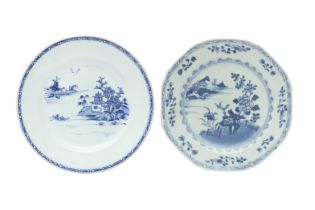 TWO CHINESE EXPORT BLUE AND WHITE DISHES 清十八世紀 外銷青花盤兩件