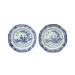 TWO CHINESE EXPORT BLUE AND WHITE DISHES 清十八世紀 外銷青花人物故事圖紋盤兩件