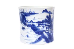 A CHINESE BLUE AND WHITE BRUSH POT, BITONG 清 青花山水人物圖紋筆筒