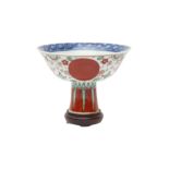 A CHINESE GREEN AND RED-ENAMELLED STEM BOWL 外紅綠彩內青花高足盌 《大清萬曆年製》款