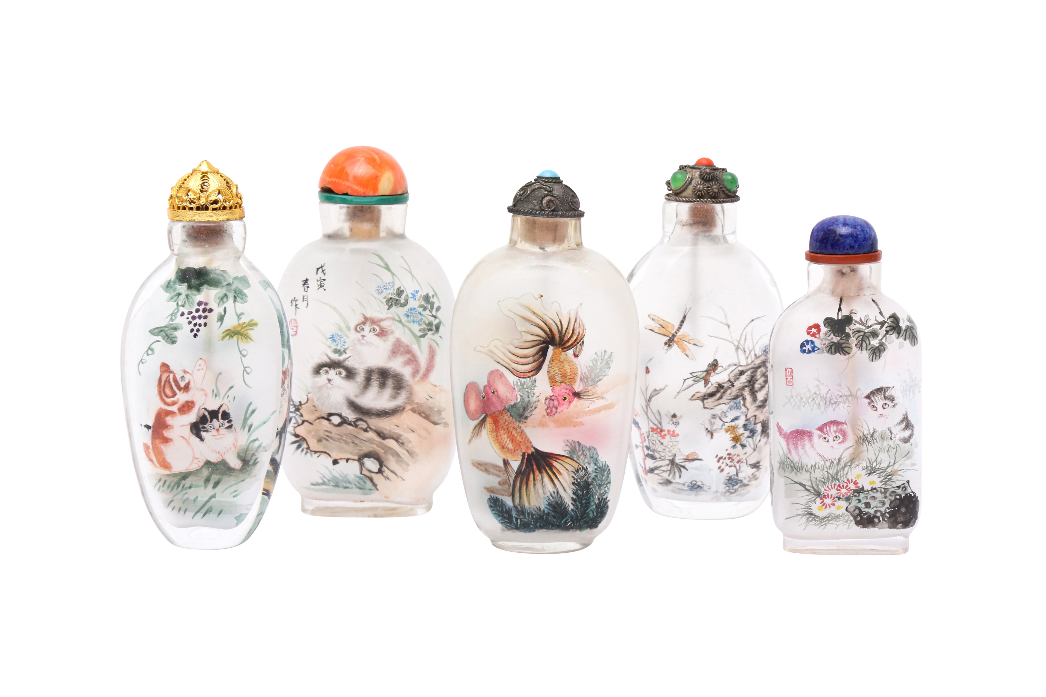 λ FIVE CHINESE INSIDE-PAINTED SNUFF BOTTLES 二十世紀 玻璃內畫鼻煙壺一組五件