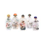 λ FIVE CHINESE INSIDE-PAINTED SNUFF BOTTLES 二十世紀 玻璃內畫鼻煙壺一組五件